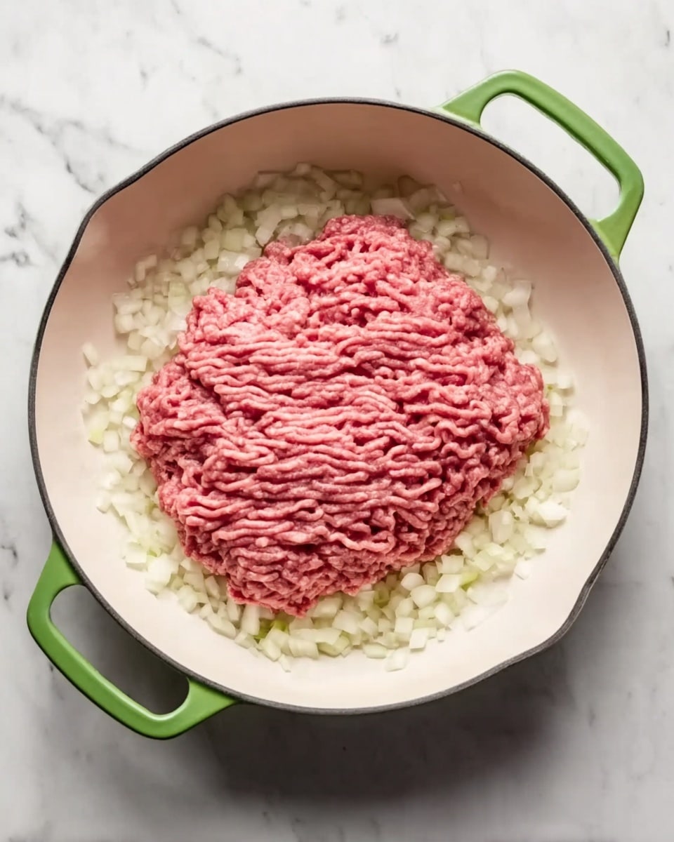 In a white round pan with green handles, there is one layer of raw ground meat in the center, pink and slightly textured with ridges. Underneath and around the meat is a layer of chopped white onions, small and unevenly cut. The pan sits on a flat white marbled surface. Photo taken with an iphone --ar 4:5 --v 7