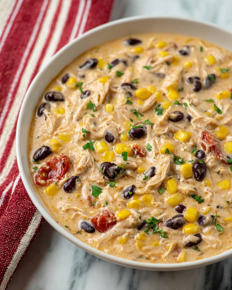 A close-up image of a creamy dish in a white bowl filled with creamy beige sauce mixed with shredded light beige chicken, bright yellow corn kernels, dark purple black beans, and small pieces of red tomatoes, all layered evenly and appearing thick and textured; the bowl is placed on a white marbled surface with a red and white striped cloth partially visible in the background. photo taken with an iphone --ar 4:5 --v 7