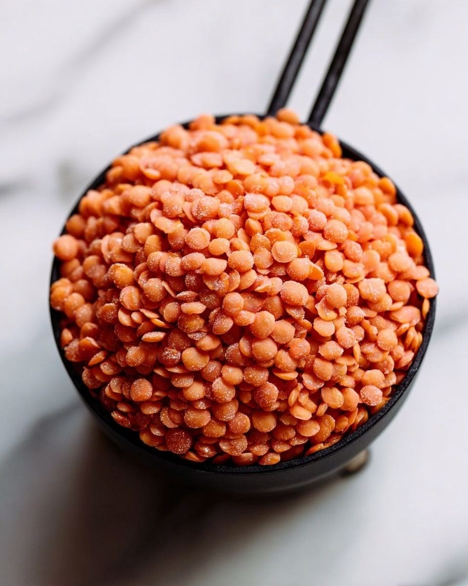 A black measuring cup filled to the top with small, round, reddish-orange lentils, showing a slightly frosty texture on their surface. The lentils are piled high, creating a soft mound within the cup. The cup has two thin handles extending from it. It is placed on a white marbled surface with soft natural light highlighting the vibrant color of the lentils. photo taken with an iphone --ar 4:5 --v 7