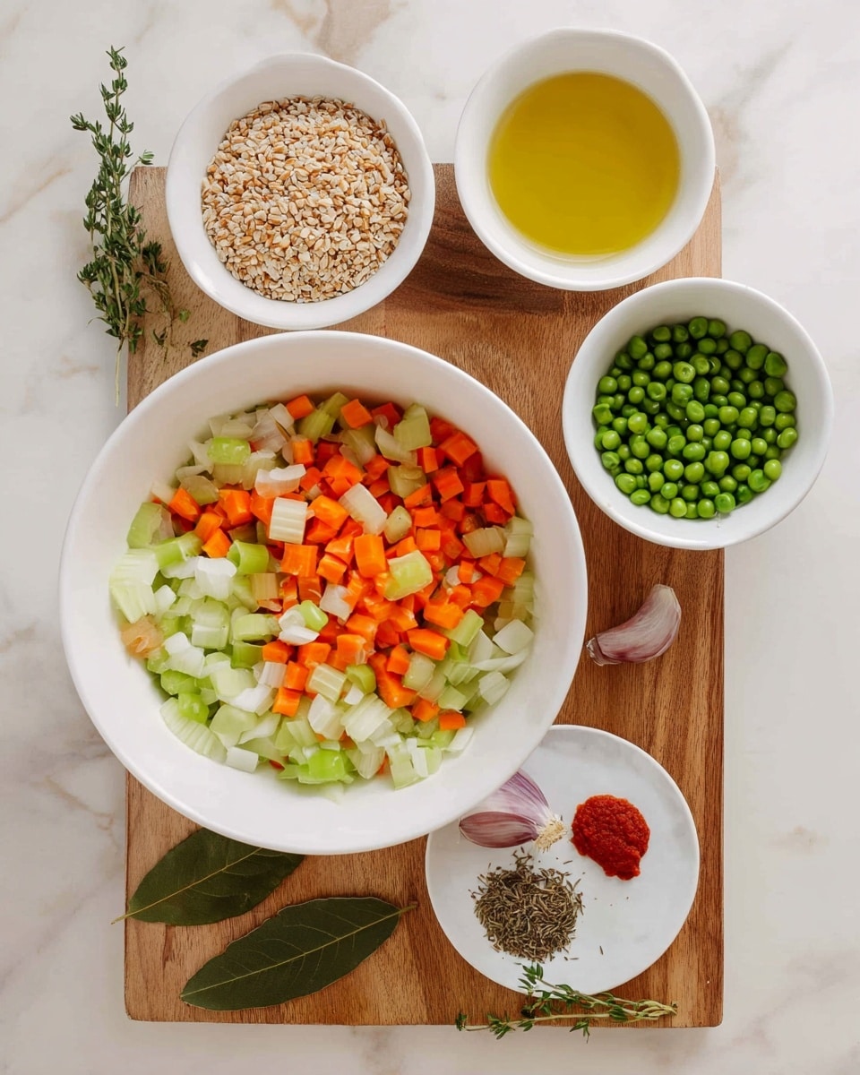 The image shows a white bowl filled with three layers of chopped vegetables: bright orange carrots, light green celery, and white onions, all mixed together on top. Below the bowl, there are three smaller white bowls arranged in a row: the left one contains light brown grains, the middle one holds golden yellow oil, and the right one is filled with bright green peas. At the bottom of the image, there is a light wooden cutting board with two dark green bay leaves on the left, a small white plate with brown dried herbs in the center, a small red dollop of paste on the right, a small purple clove of garlic on the bottom left, and some fresh green thyme sprigs on the bottom right. All items are placed on a white marbled surface. photo taken with an iphone --ar 4:5 --v 7