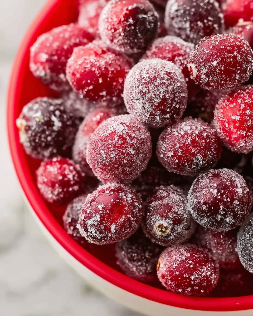 A close-up view of a bowl full of fresh red cranberries covered evenly in white sugar crystals, creating a frosty and sparkling texture on each berry. The cranberries are piled high inside a white bowl with a bright red rim visible at the bottom edge. The sugar granules contrast sharply against the deep red and dark purple shades of the berries, giving a vibrant, festive look. The background is a white marble surface, soft and clean, enhancing the color of the cranberries. photo taken with an iphone --ar 4:5 --v 7