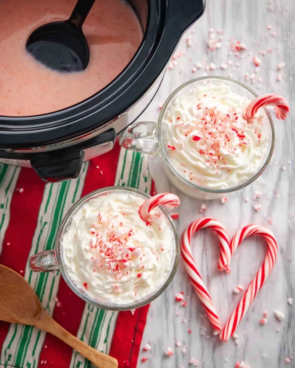 The image shows two clear glass mugs filled with a creamy white drink topped with swirls of whipped cream and sprinkled with crushed peppermint candy. Each mug has a red and white striped candy cane placed inside, leaning on the whipped cream. To the top left, there is a black slow cooker filled with a pinkish liquid, with its spout and a black ladle partially visible. Below the cooker, a wooden spoon rests on a red, white, and green striped cloth. Next to the mugs, two whole candy canes are arranged in the shape of a heart on a white marbled surface. The overall setting feels cozy and festive. Photo taken with an iphone --ar 4:5 --v 7