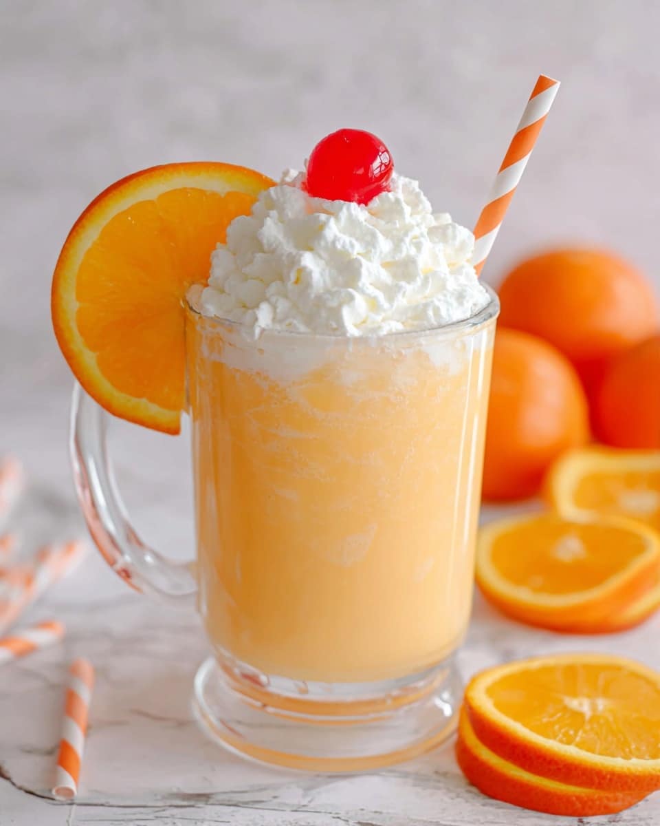 A clear glass mug holds an orange creamy drink that fills most of the glass with a smooth texture. On top, there is a thick layer of white whipped cream with soft peaks, crowned by a single bright red cherry in the center. A fresh orange slice with a bright yellow-orange peel is placed on the rim of the mug, and a white and orange striped straw stands upright behind it. The mug is set on a white marbled surface with blurred orange slices and whole oranges in the soft background. Photo taken with an iphone --ar 4:5 --v 7