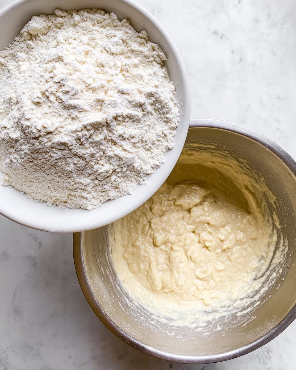 A white bowl filled with white flour is held above a large silver metal bowl containing light yellow creamy batter, both bowls set on a white marbled surface. The flour in the bowl has a rough, powdery texture with small uneven dips and peaks. The batter in the metal bowl looks thick and soft, with visible creamy lumps around the sides where it has been mixed. Photo taken with an iphone --ar 4:5 --v 7