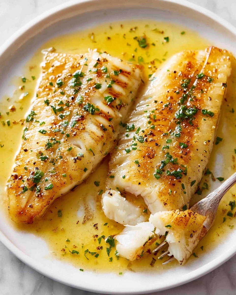 The image shows a white plate with two golden brown fish fillets, each fillet having a slightly crispy, textured surface with light grill marks. The fillets are covered in a shiny, buttery sauce that pools at the bottom of the plate. The fish is garnished with small green herbs sprinkled evenly on top. One fillet has a small portion flaked away on the side, where a silver fork is placed, and the background surface is a white marbled texture. photo taken with an iphone --ar 4:5 --v 7