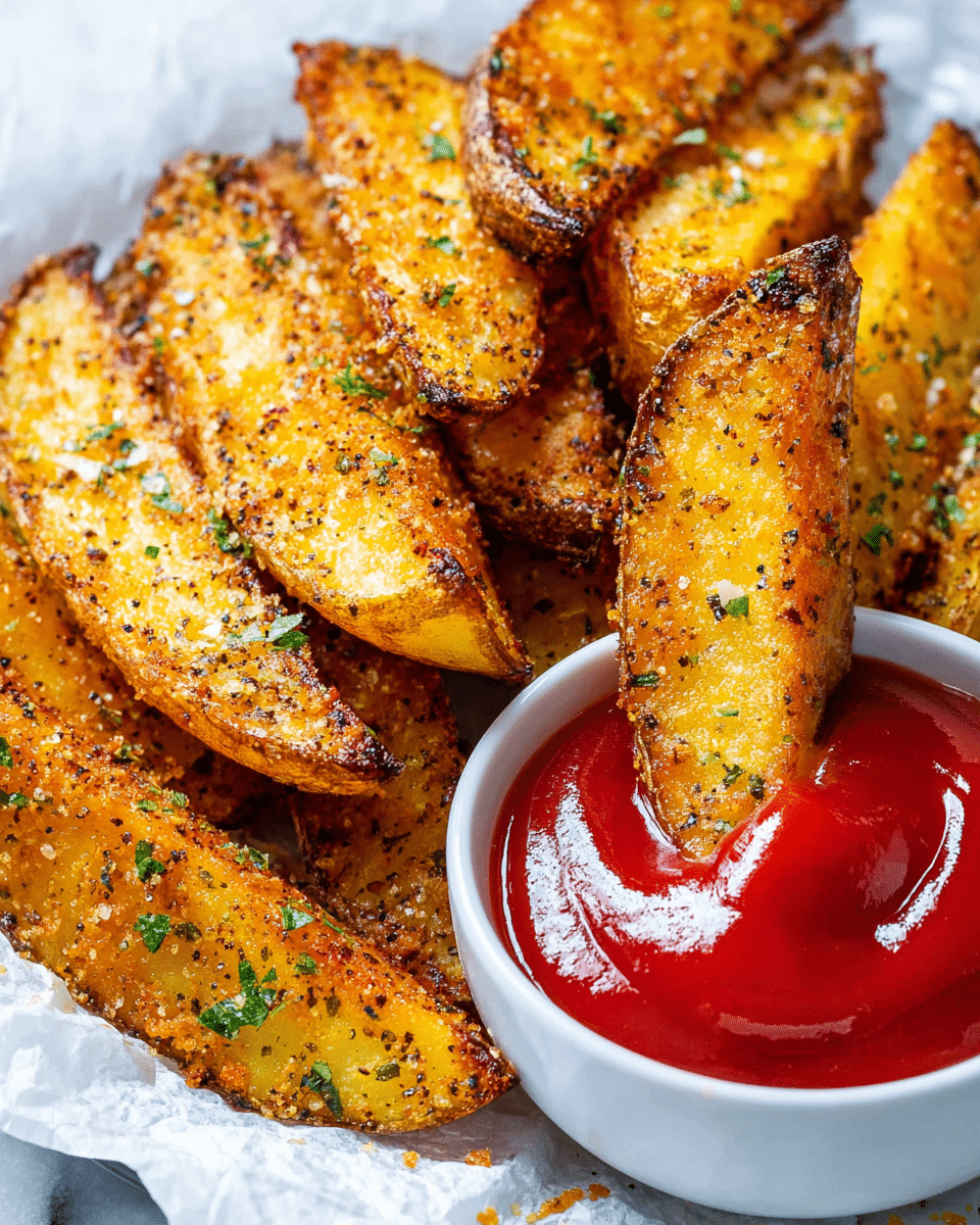 The image shows a close-up of crispy golden potato wedges stacked on white paper, with visible brown edges and a crunchy texture. They are sprinkled with small green herb bits and black pepper flakes. A white round bowl on the right side holds bright red ketchup with a shiny, smooth surface, and one potato wedge is dipped halfway into the ketchup. The background is a white marbled surface photo taken with an iphone --ar 4:5 --v 7