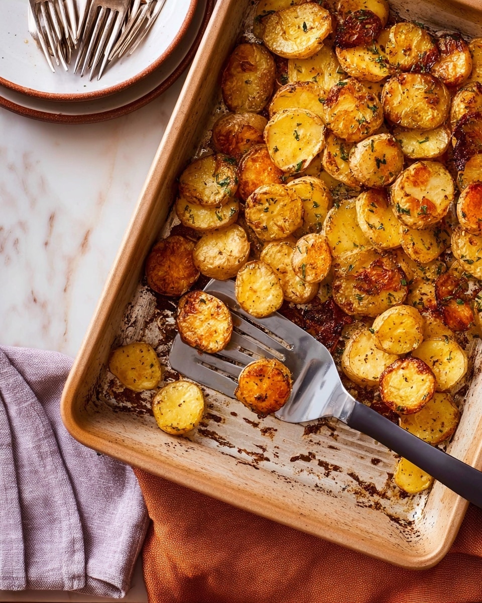 A light brown baking tray filled with small whole potatoes and crispy golden sliced potatoes layered on top, each slice showing a grid-like crisp texture and specks of herbs, with some dark brown crispy bits around the edges. A large metal spatula with a dark handle lifts a portion of the potatoes from the tray. The tray sits on a white marbled surface with a folded light purple cloth and a burnt orange cloth beneath it. On the left side, parts of stacked white plates with brown rims and three silver forks are visible. Photo taken with an iphone --ar 4:5 --v 7