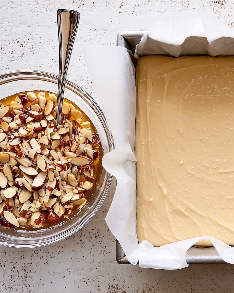 The image shows a white baking pan lined with parchment paper filled with a smooth, light beige batter spread evenly in one layer, placed on a white marbled surface. Next to it, on the left, is a clear glass bowl containing chopped almonds mixed with a shiny syrup glaze, with a silver fork resting inside the bowl. The almonds are light beige with brown edges, floating in the sticky syrup, giving a textured look with contrasting colors. Photo taken with an iphone --ar 4:5 --v 7