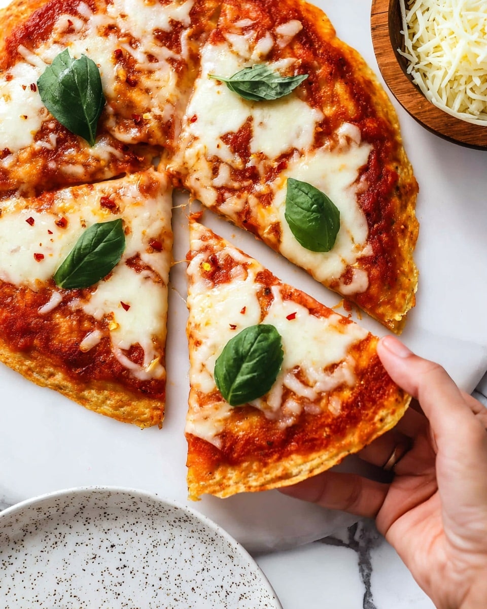 A thin pizza with a golden-brown crust as the base, topped with a layer of bright red tomato sauce that spreads evenly. On top of the sauce is melted white cheese in uneven patches, some stretching and melting with a smooth texture. Scattered on the pizza are small red chili flakes adding spots of red color. Three fresh green basil leaves are placed on separate slices. A woman's hand is holding one slice of the pizza. The pizza is on a white marbled surface, with a wooden bowl filled with shredded white cheese in the background and part of a white speckled plate in the foreground. Photo taken with an iphone --ar 4:5 --v 7