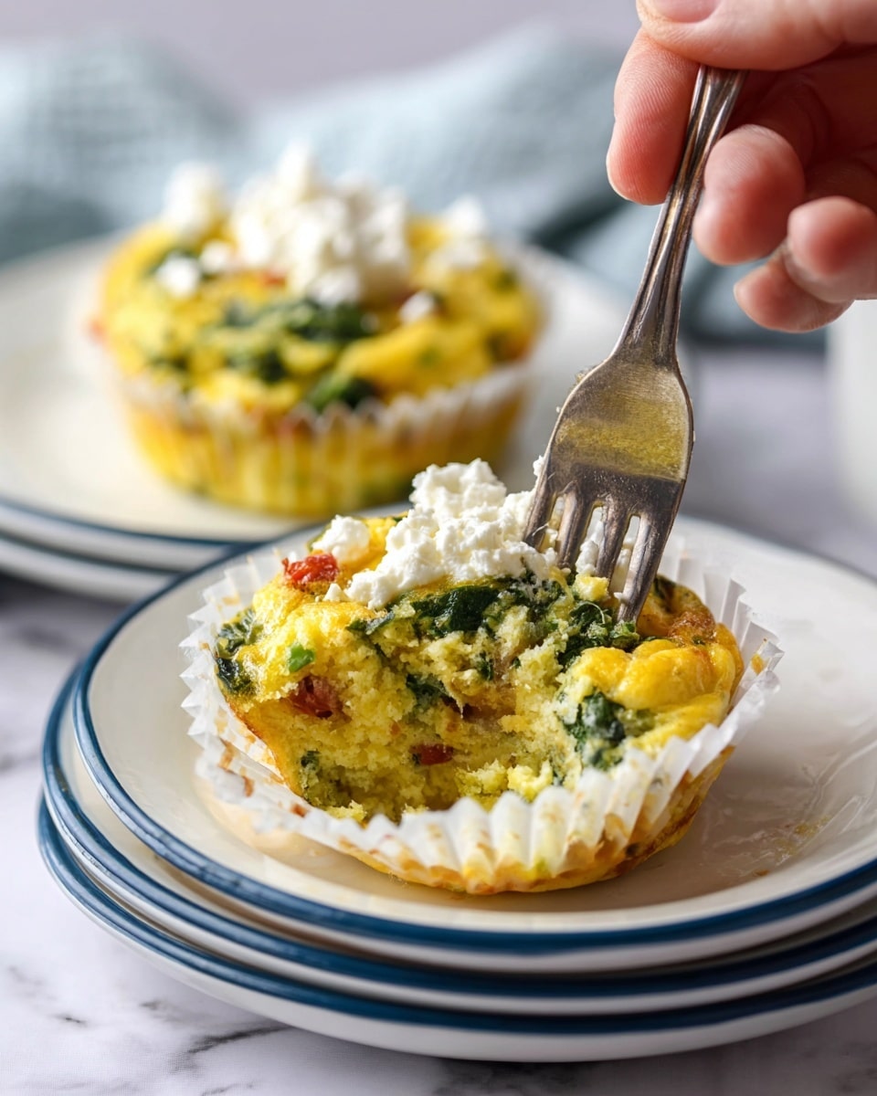 The image shows two egg muffins in white paper liners placed on a stack of white plates with blue rims, set on a white marbled surface. Each egg muffin has a yellow, slightly fluffy texture mixed with green leafy vegetables and small visible red and white bits inside. A dollop of white cottage cheese tops each muffin. A woman's hand is holding a fork that is lifting a piece of the egg muffin on the right, revealing its soft, creamy inside with green and red bits. The background is softly blurred to keep focus on the muffins in the foreground. Photo taken with an iphone --ar 4:5 --v 7