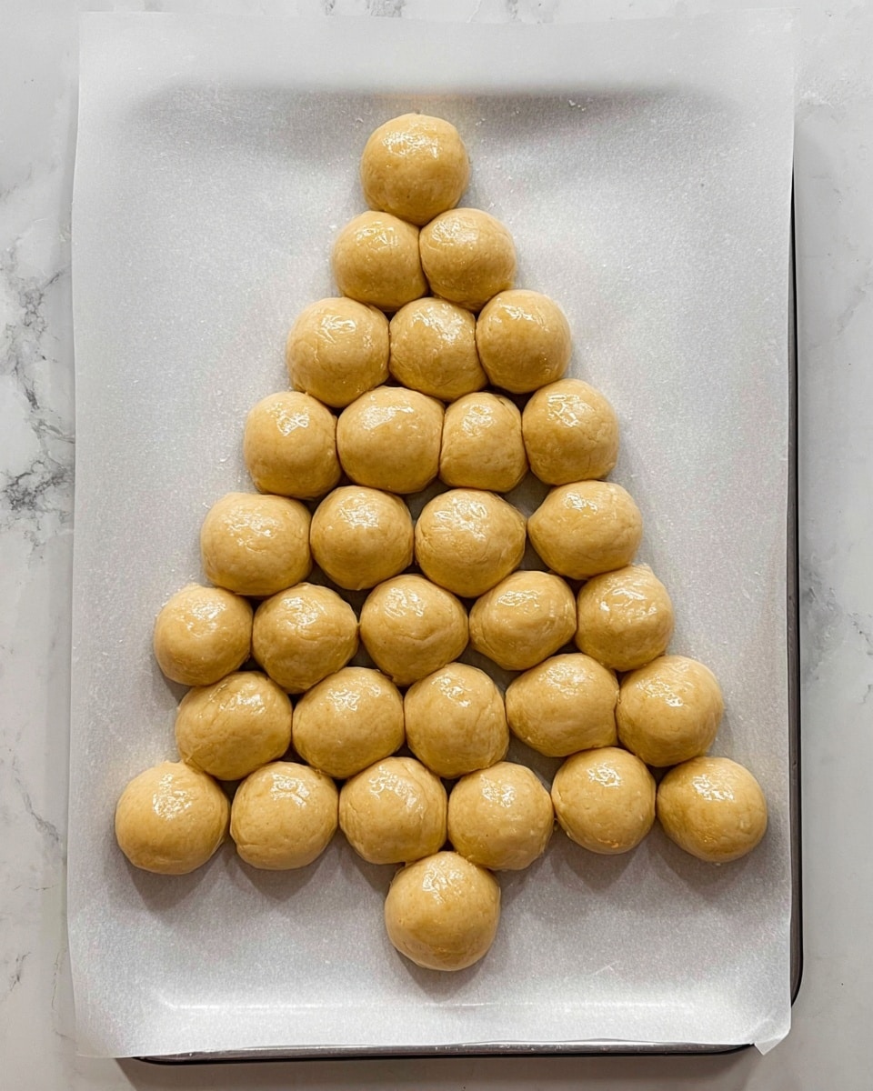 The image shows a group of 33 small, round dough balls arranged neatly on a white baking tray lined with parchment paper. The dough balls are placed in the shape of a Christmas tree with one dough ball at the top, increasing row by row to the base, which has seven dough balls, and a small stem made of two dough balls at the bottom. Each dough ball is golden and shiny, showing a slight glaze that makes the surface smooth and glossy. The background surface is a white marbled texture. Photo taken with an iphone --ar 4:5 --v 7
