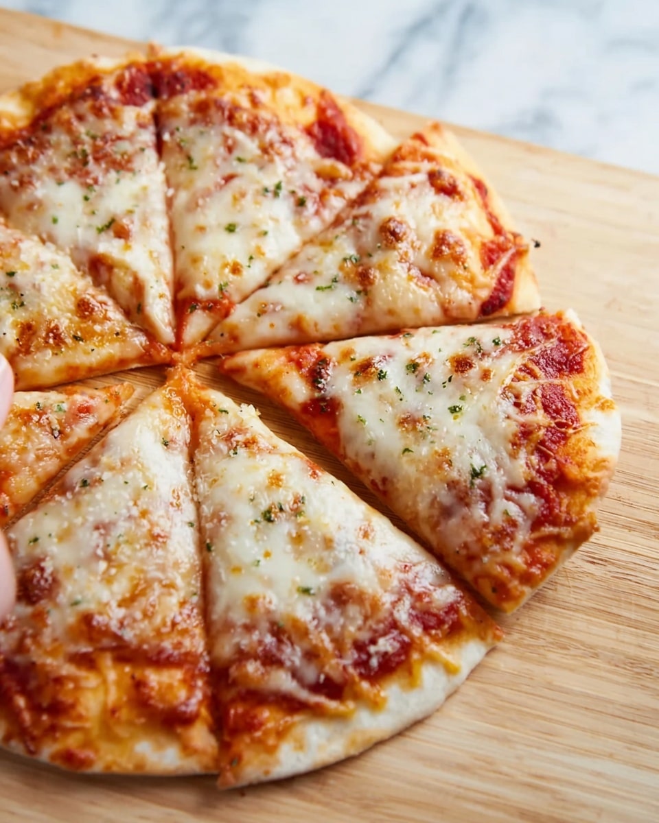 This image shows a close-up of a flat round pizza with eight slices, placed on a light wood cutting board over a white marbled surface. The pizza has a thin, pale beige crust with slight browning on the edges. The first layer is a reddish tomato sauce spread evenly across the dough. On top, there is melted white cheese with some golden brown spots where it has been baked. Small green herbs are sprinkled lightly over the cheese for added texture and color. A woman's hand is about to grab one slice from the bottom left side. The photo taken with an iphone --ar 4:5 --v 7