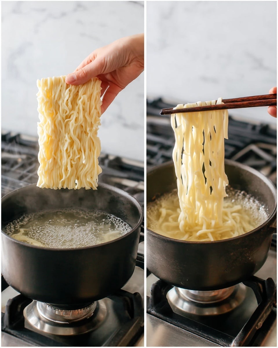 Two images side by side show the process of cooking thick white noodles. On the left, a woman's hand holds a block of curled raw noodles above a black pot filled with boiling water on a stove. On the right, a pair of dark brown chopsticks lifts several cooked, soft, pale yellow noodles from the same pot, with bubbles from boiling water visible. The stove has metallic burners and a white marbled background is seen behind. photo taken with an iphone --ar 4:5 --v 7