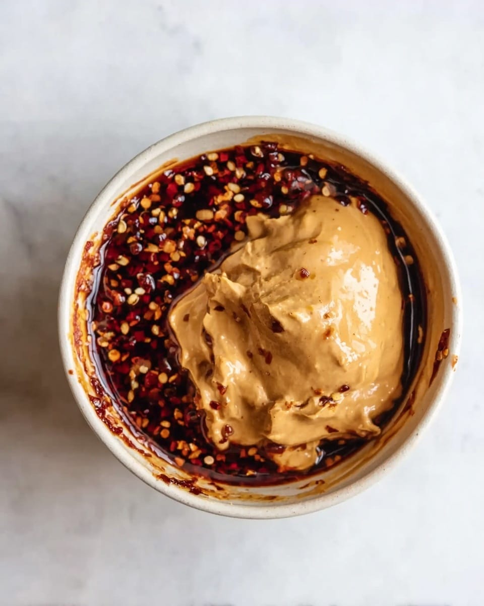 A round white bowl filled with a dark red sauce mixed with small red chili flakes on one side. On top, there is a thick dollop of light brown creamy substance, slightly textured and smooth, positioned mostly in the center but leaning to one side, blending a bit into the sauce. The bowl sits on a white marbled surface. photo taken with an iphone --ar 4:5 --v 7