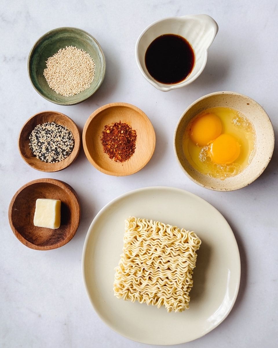 The image shows several small bowls and a white plate arranged on a white marbled surface. On the white plate at the bottom, there is a square block of uncooked instant ramen noodles with a beige color and wavy texture. Above the plate is a small beige bowl filled with beaten eggs, smooth and bright yellow with bubbles. To the upper right of this bowl, a white ramekin holds a dark brown liquid, likely soy sauce. Surrounding these are five small bowls: a green bowl with a mixture of white, black, and tan sesame seeds; a light wooden bowl with a small mound of light brown sugar; a darker wooden bowl with crushed red pepper flakes; a darker round wooden bowl with minced garlic; and another wooden bowl with a small chunk of butter. The bowls and plate are neatly spaced on the white marbled surface. Photo taken with an iphone --ar 4:5 --v 7