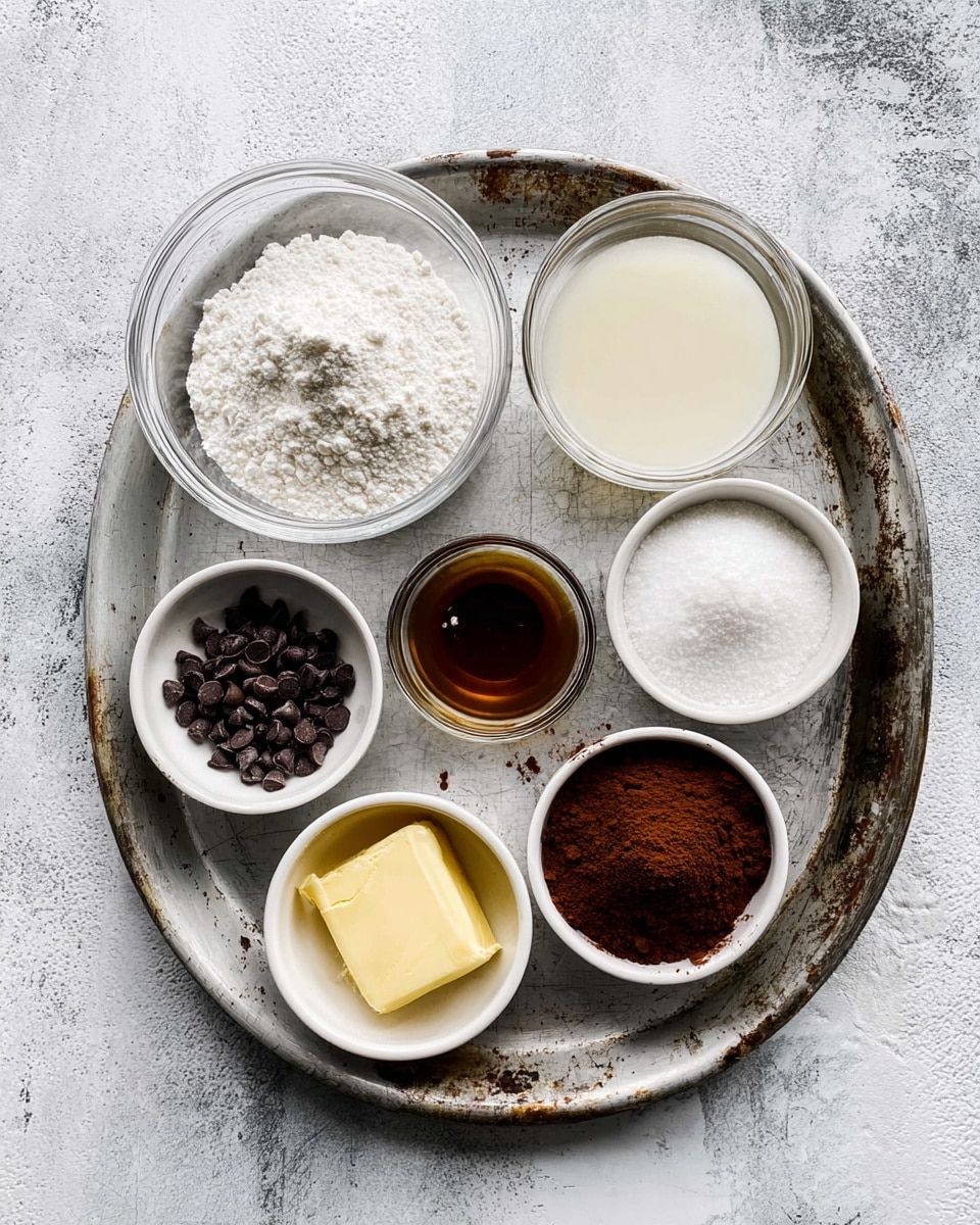 A worn metal tray on a white marbled surface holds seven small white bowls with cooking ingredients. From top left to right: a clear glass bowl with white flour, a small white bowl with white powder, and another clear glass bowl filled with a light cream liquid. Below, there is a small white bowl of dark chocolate chips, a tiny clear glass bowl with a dark brown liquid, a white bowl with light yellow butter, and a white bowl filled with dark brown cocoa powder. The textures range from powdery flour and cocoa to smooth liquids and solid chips. Photo taken with an iphone --ar 4:5 --v 7