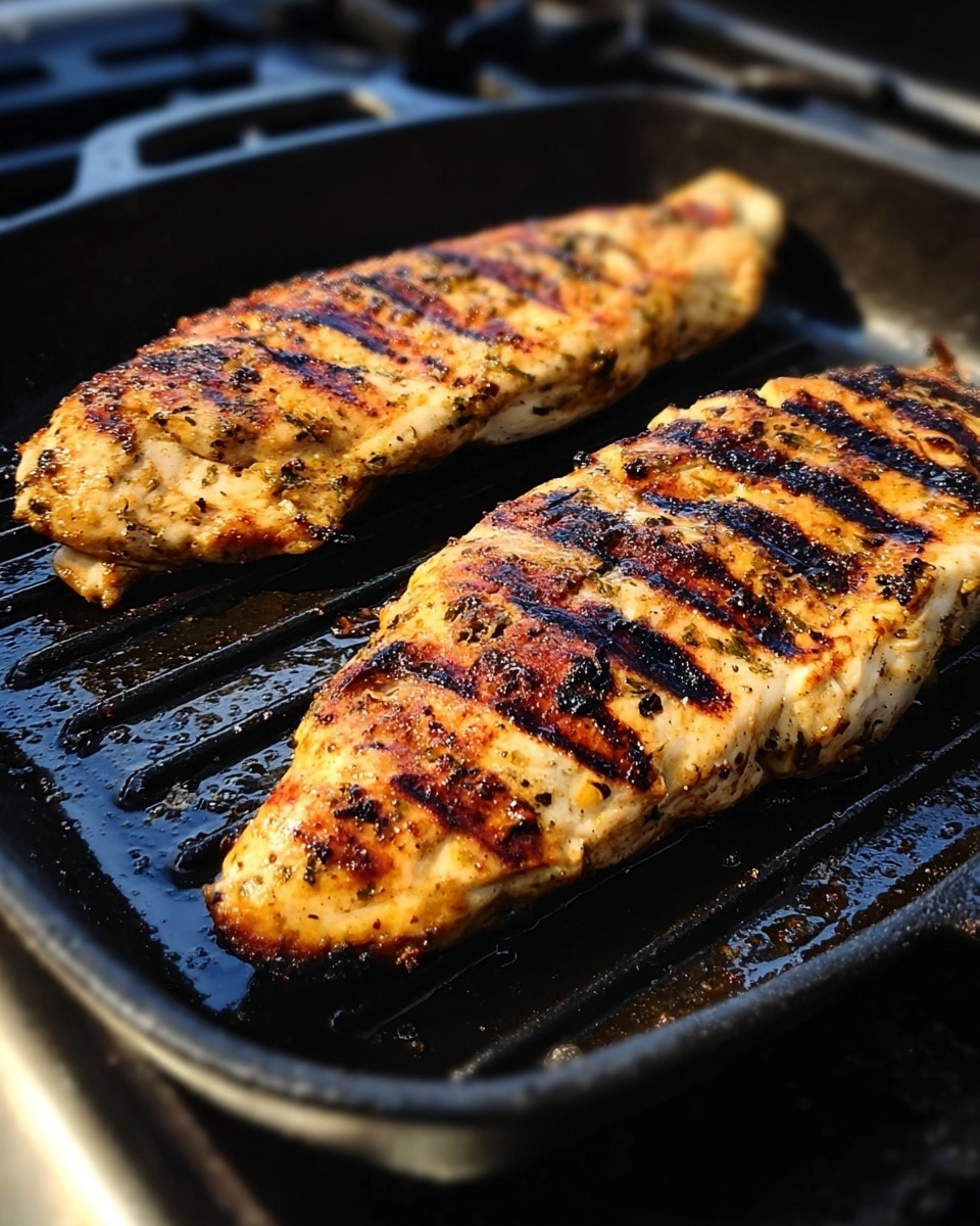 Two long pieces of grilled chicken with dark brown grill marks lie side by side in a black grill pan. The chicken is golden with a slightly crispy texture, and the pan shows a few burnt bits around the chicken. The background is blurred, and the scene looks sunny and bright. photo taken with an iphone --ar 4:5 --v 7
