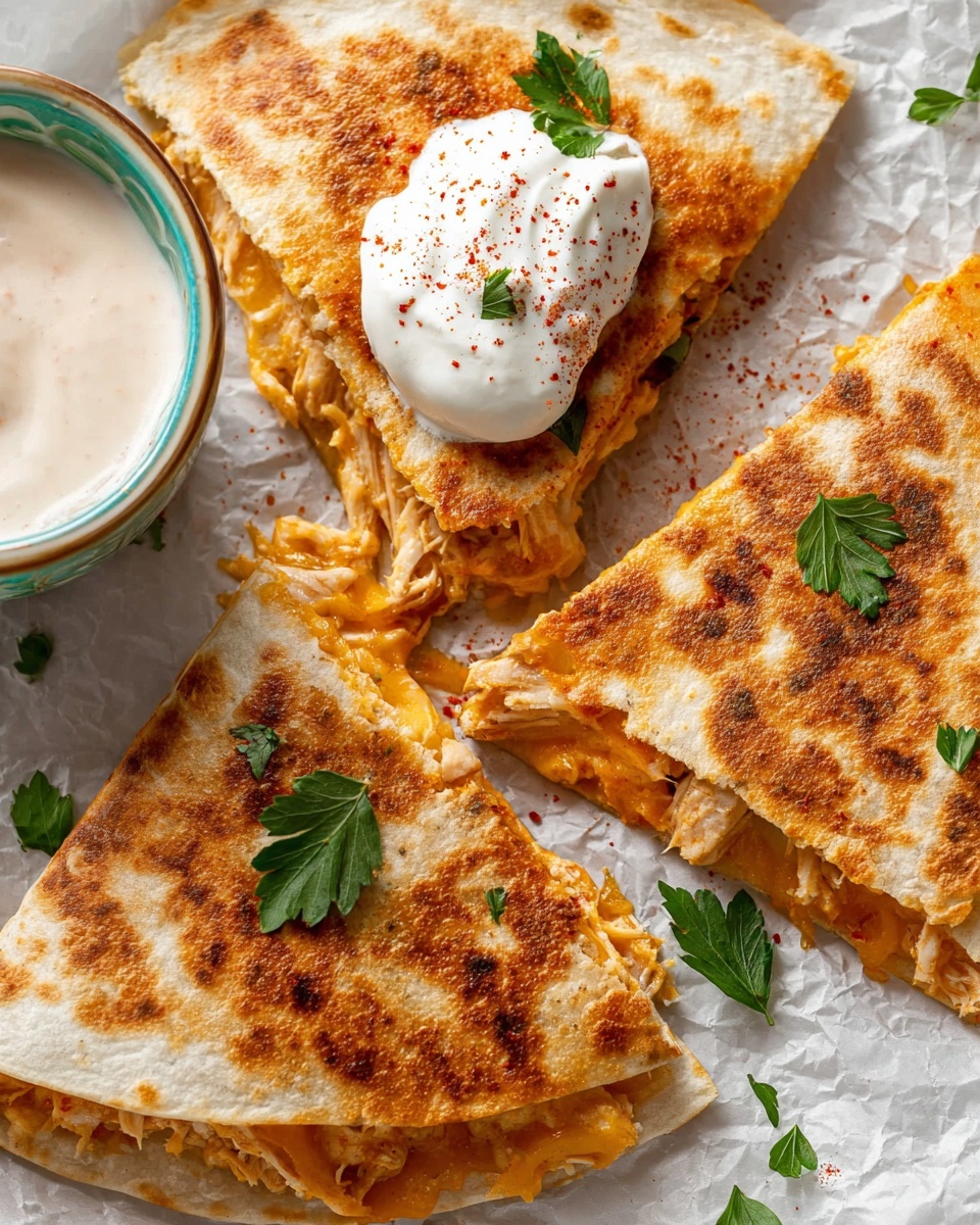 The image shows a close-up of a quesadilla cut into three triangular slices on crumpled parchment paper over a white marbled surface. Each quesadilla slice has a golden-brown, crispy tortilla outer layer with visible toasted spots. Inside, there are two layers of melted orange and white cheeses mixed with shredded chicken, creating a soft and creamy texture that slightly oozes out at the edges. One slice is topped with a dollop of white sour cream and a green parsley leaf, lightly sprinkled with red chili powder. Additional green parsley leaves garnish the other slices. On the left edge, there is a white bowl with a teal rim containing a creamy dipping sauce. Photo taken with an iphone --ar 4:5 --v 7