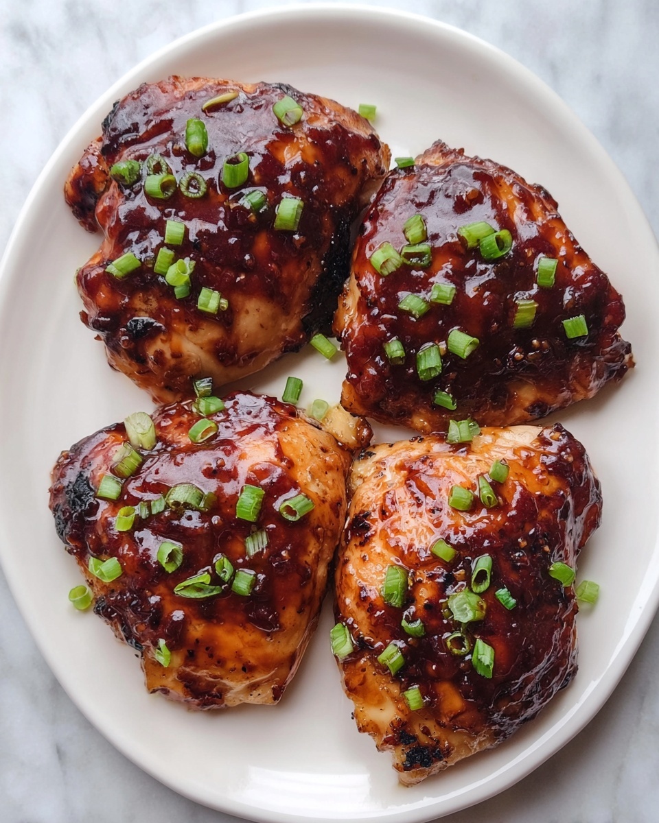 Four pieces of cooked chicken with a shiny dark brown sauce covering them fully, placed on a white plate. The chicken pieces have some charred spots showing a slightly crispy texture under the sauce. Small green rings of chopped green onions are sprinkled evenly on top of each piece, adding a fresh color contrast. The plate sits on a white marbled surface. photo taken with an iphone --ar 4:5 --v 7