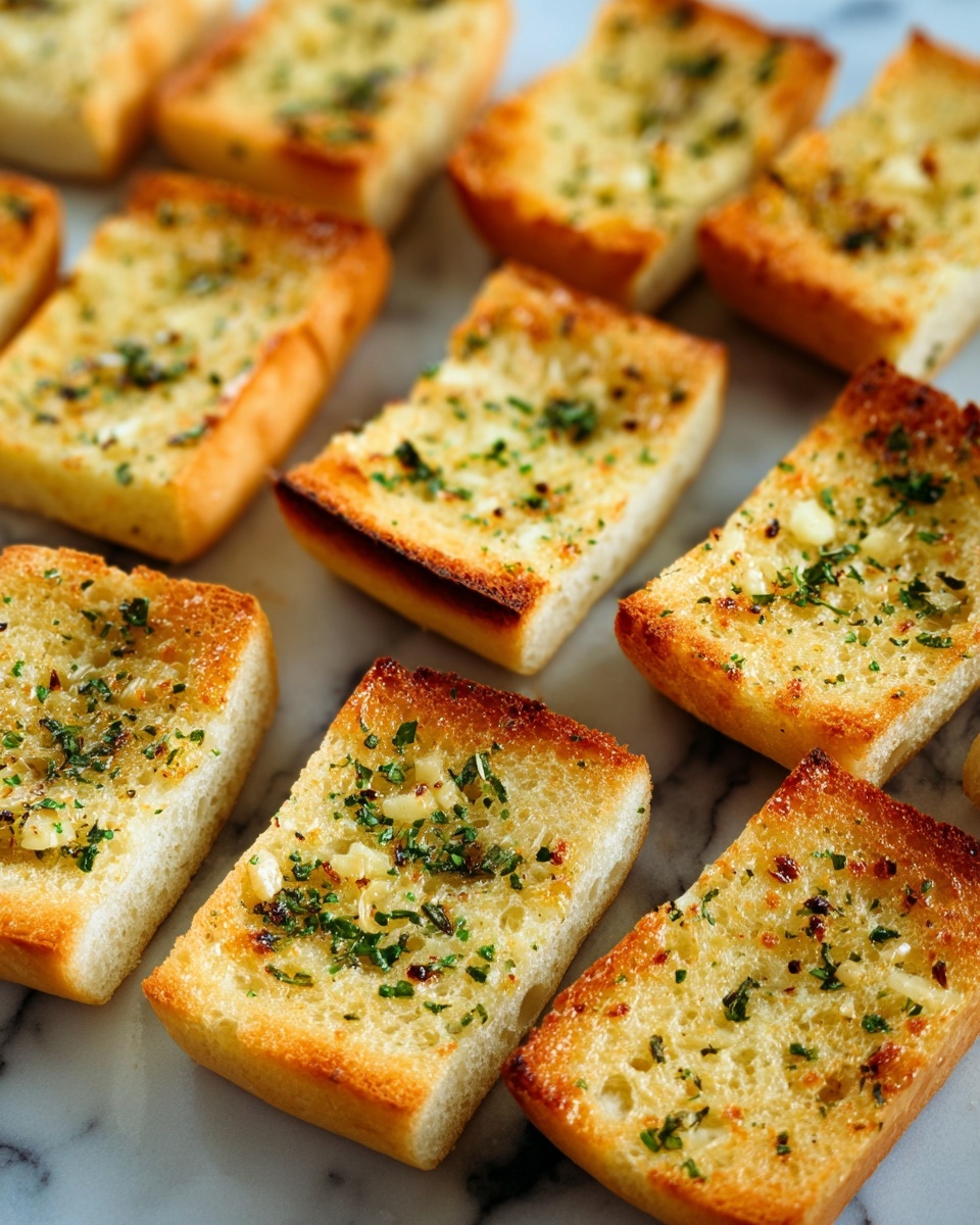 The image shows several pieces of toasted garlic bread, arranged in rows on a surface with a white marbled texture. Each piece is rectangular with a golden brown, slightly crispy top layer coated with garlic butter and sprinkled with green herbs. The bread underneath is soft and white, contrasting with the golden top. The edges of the bread are light brown, showing a crunchy texture. Photo taken with an iphone --ar 4:5 --v 7