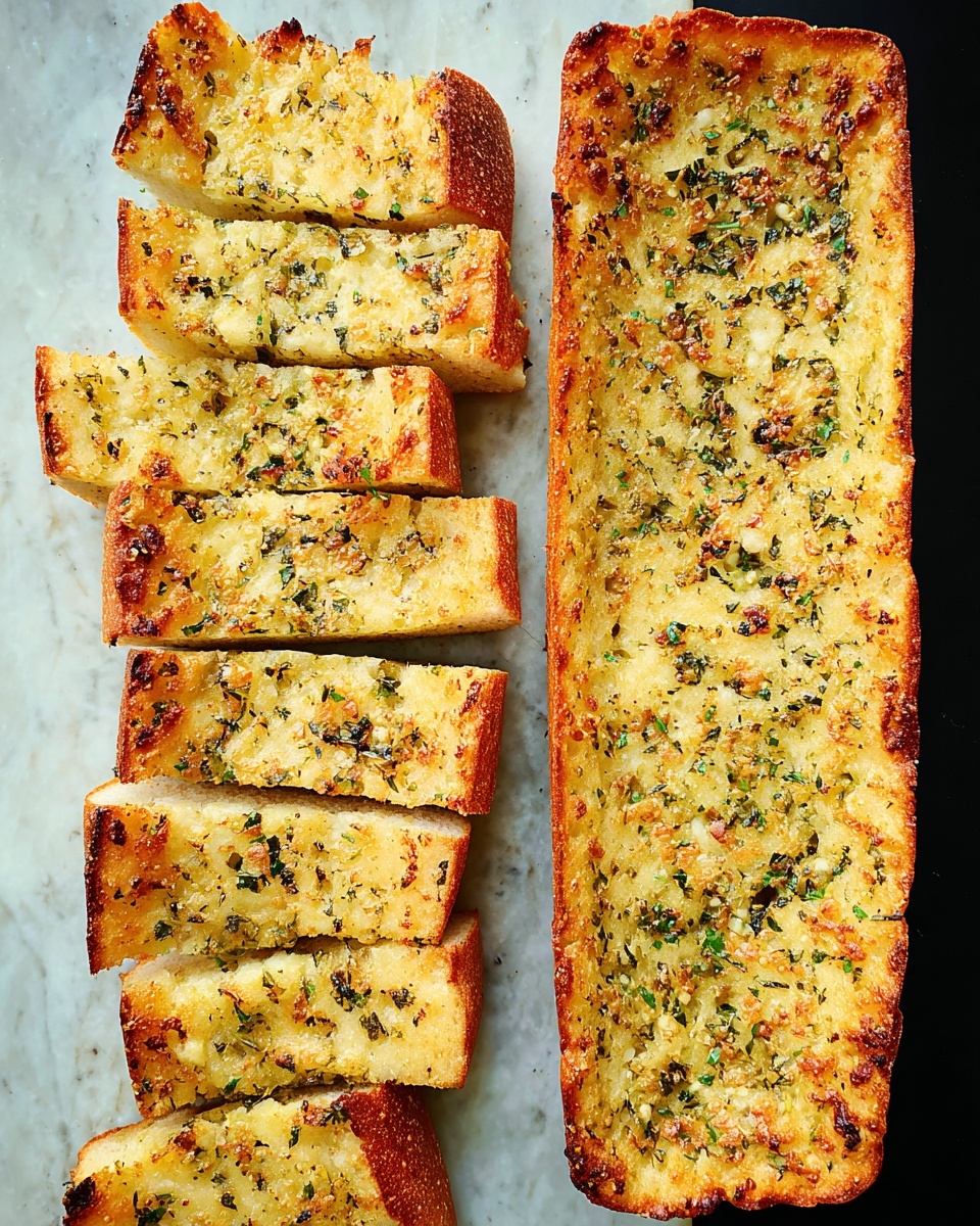 A long, rectangular garlic bread loaf with a golden-brown crust lying flat on a white marbled surface; the loaf is topped with a spread of garlic, butter, and scattered green herbs. To the left, the loaf is sliced into eight even rectangular pieces showing a soft, light yellow inside with the garlic and herb topping clearly visible on each slice. The bread has a slightly crispy texture on the edges with a warm toasted look across the top. Photo taken with an iphone --ar 4:5 --v 7
