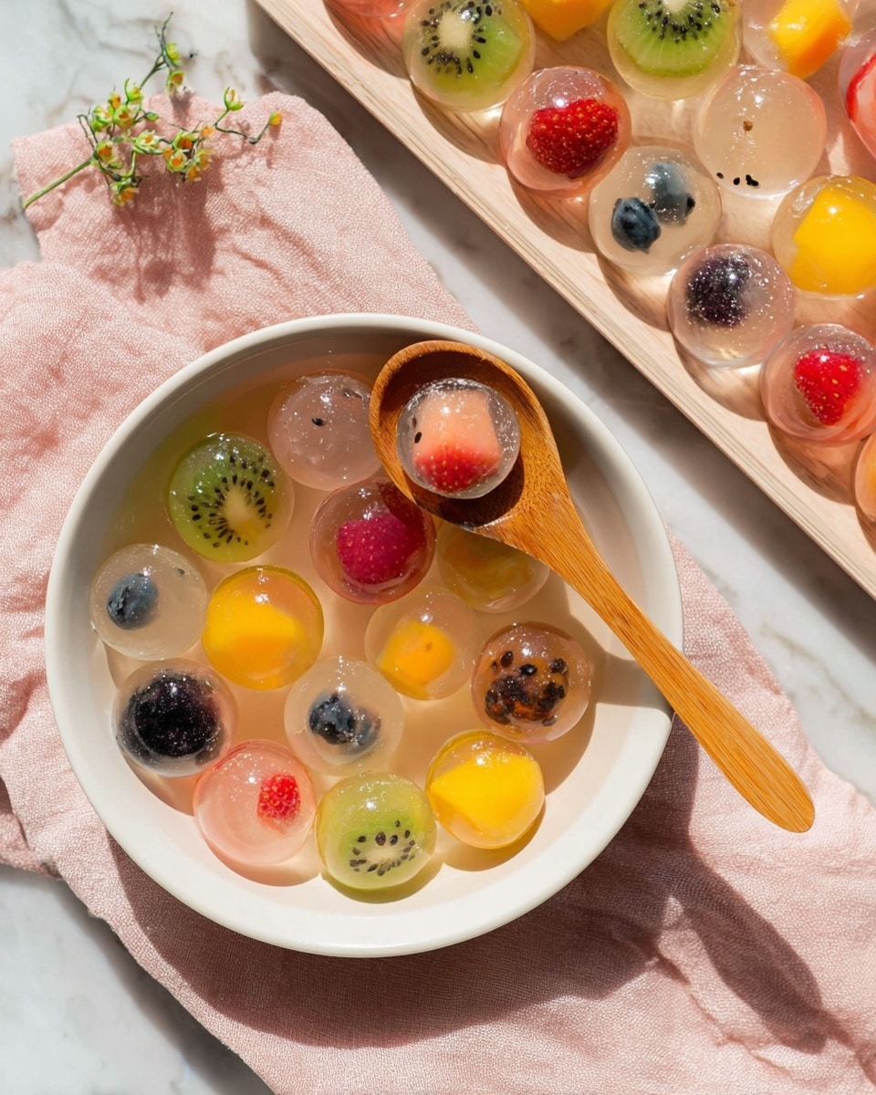 A white bowl filled with clear round jelly spheres, each containing a different fruit inside: red strawberries, yellow mango chunks, green kiwi slices, dark blueberries, and small black seeds, all floating in a light liquid. A wooden spoon resting inside the bowl holds one jelly sphere with visible black seeds. The bowl sits on a soft pink cloth on a white marbled surface. To the top right, a tray holds more jelly spheres, softly lit in natural light. Photo taken with an iphone --ar 4:5 --v 7