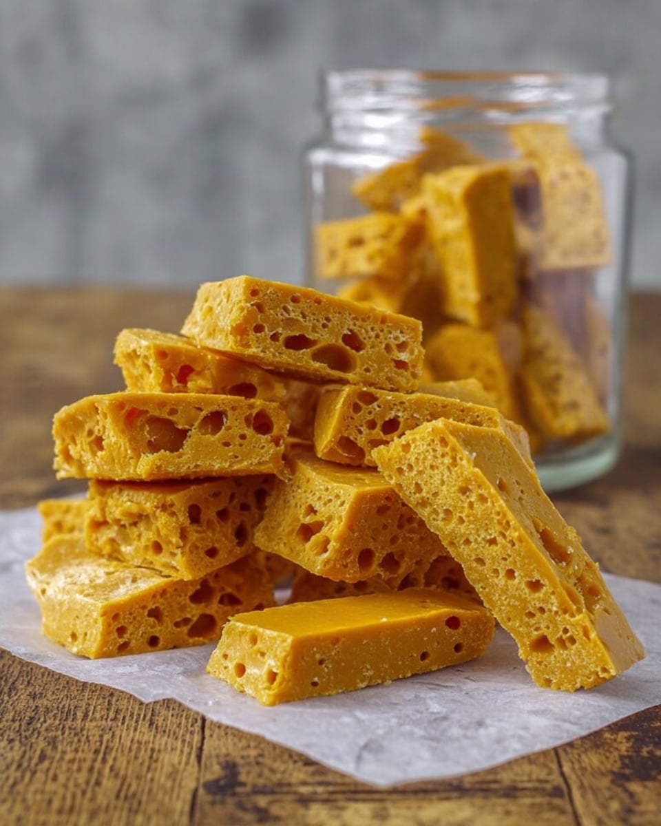 The image shows a pile of bright orange honeycomb toffee pieces stacked unevenly on a piece of white parchment paper. Each piece is irregularly shaped, with a porous, bubbly inside texture full of small holes. The toffee has a shiny, hard surface with a smooth gloss that catches the light. Behind the pile, there is a clear glass jar filled with more pieces of the same toffee. The background is a rustic wooden surface and a neutral grey wall, but the surface is changed to a white marbled texture. photo taken with an iphone --ar 4:5 --v 7