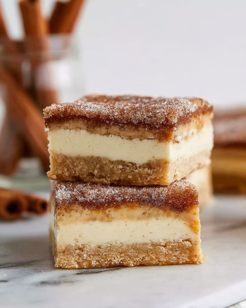 The image shows a close-up view of two square bar pieces stacked on top of each other on a white marbled surface. Each bar has three layers: a brown, grainy top layer covered with a layer of sugar crystals, a thick middle layer of creamy beige filling with a smooth texture, and a bottom layer of golden-brown crust that looks firm and slightly crumbly. In the background, there is a glass jar holding cinnamon sticks, softly blurred to keep focus on the bars. The lighting is bright and natural, giving a fresh and warm feel to the scene. Photo taken with an iphone --ar 4:5 --v 7