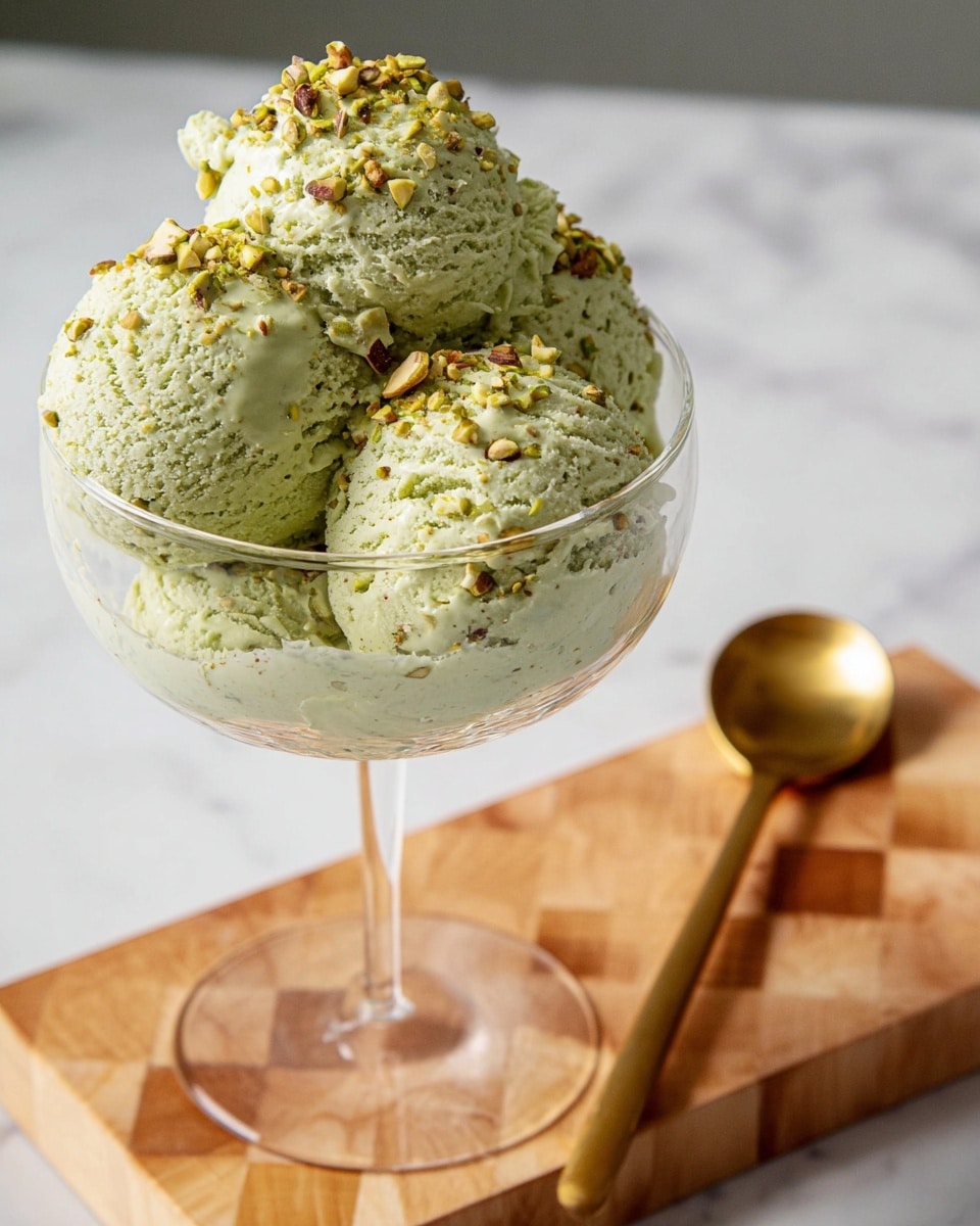A clear glass dessert cup filled with four scoops of light green ice cream, each scoop textured with small nut pieces mixed inside and sprinkled on top. The ice cream looks creamy and soft, slightly melting near the edges. The cup is placed on a light wooden checkered board, and a shiny golden spoon rests beside it. The background is a white marbled surface. photo taken with an iphone --ar 4:5 --v 7