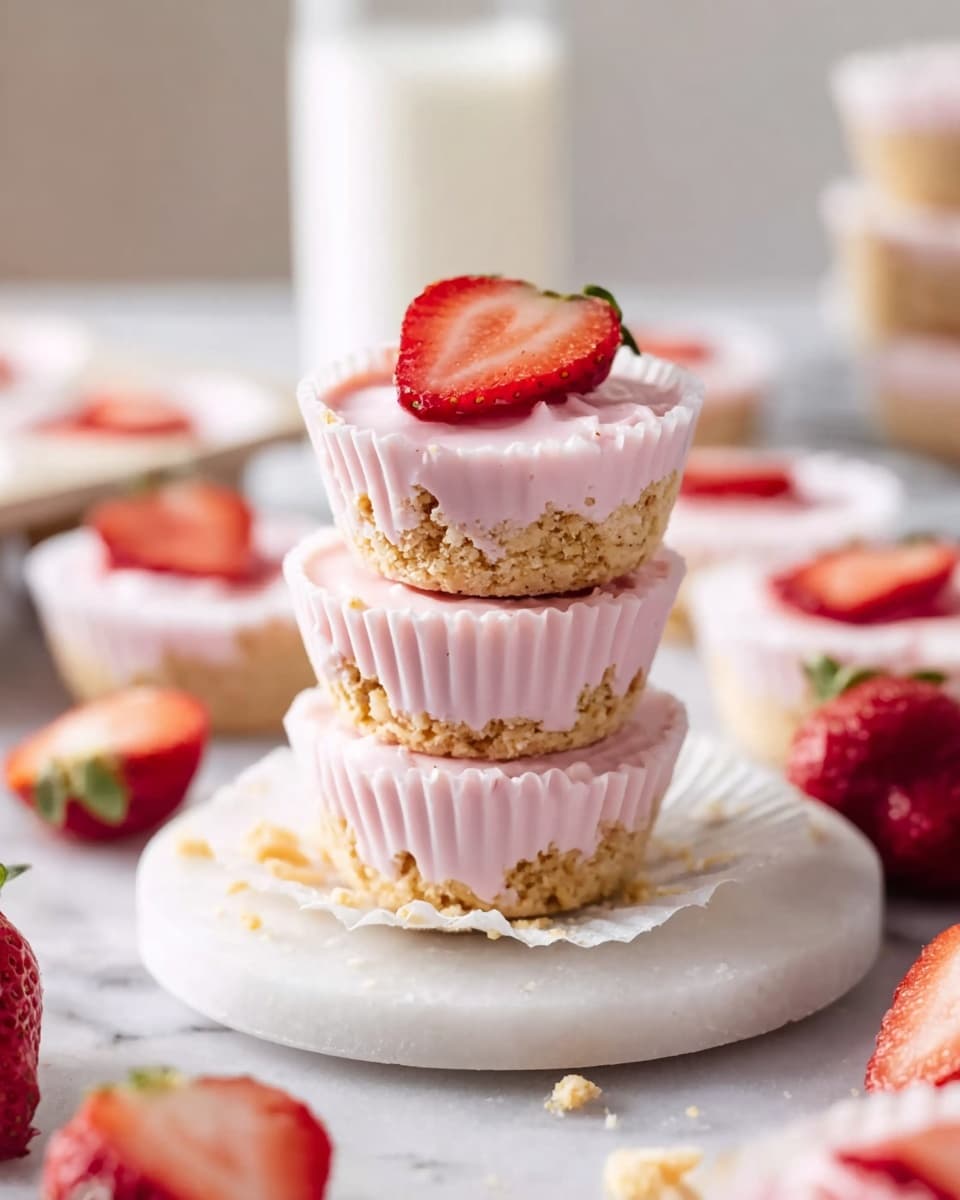 The image shows a stack of three small pink desserts in white paper cups, placed on a round white paper doily on a white marbled surface. Each dessert has a crumbly beige base with a smooth pink creamy layer on top that looks like strawberry flavor and is decorated with a slice of fresh strawberry on the top dessert. Around the stack, there are whole strawberries, some loose crumbs, and more white paper cups, some filled with pink cream and sliced strawberries. In the background, a glass of milk is slightly blurred. The scene is bright and soft in light. photo taken with an iphone --ar 4:5 --v 7