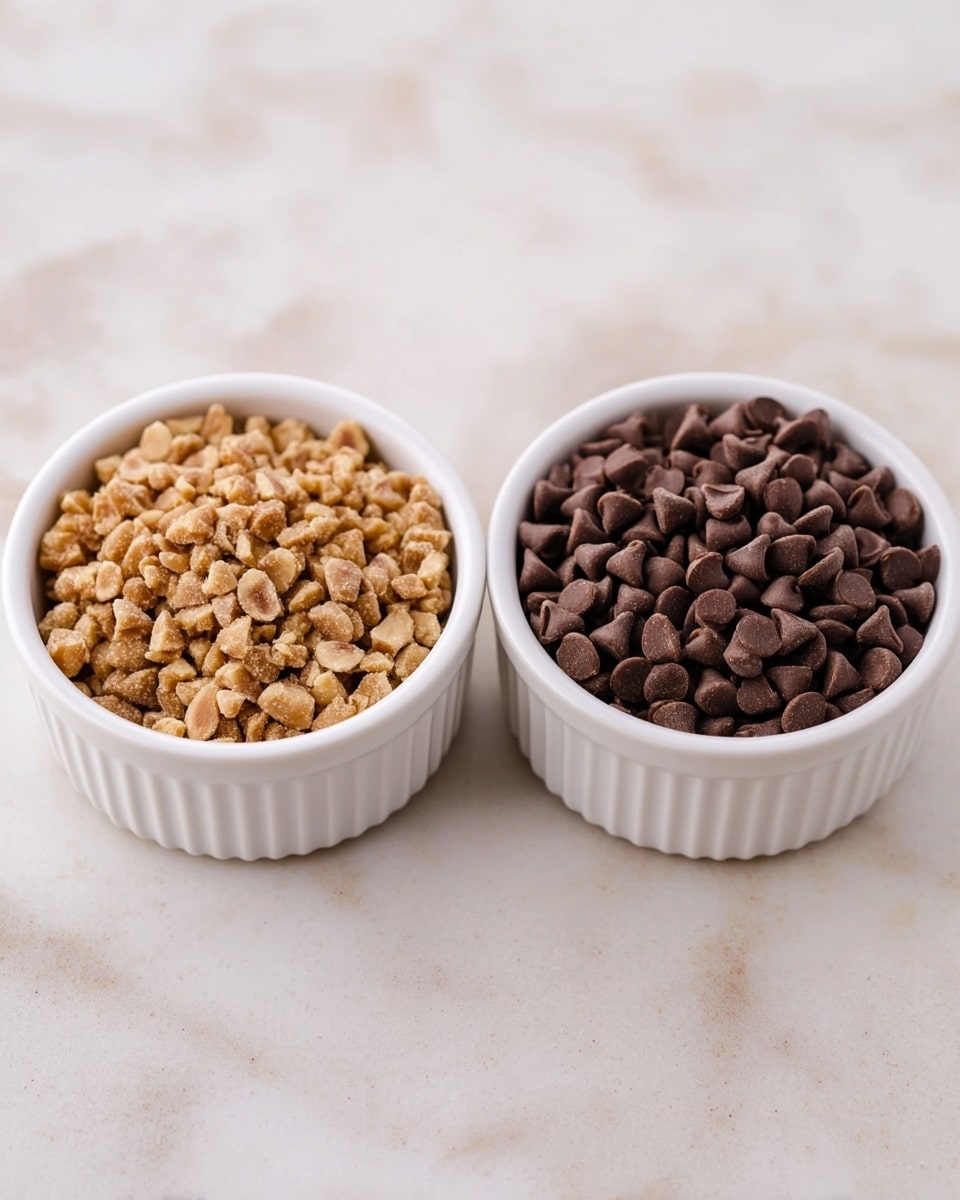 Two small white ceramic bowls sit side by side on a white marbled surface. The bowl on the left is filled to the top with small, light brown chopped nuts that have a rough texture. The bowl on the right is filled with tiny, smooth, dark brown chocolate chips. Both bowls have a ribbed outer surface and the contents look fresh and ready to use. photo taken with an iphone --ar 4:5 --v 7