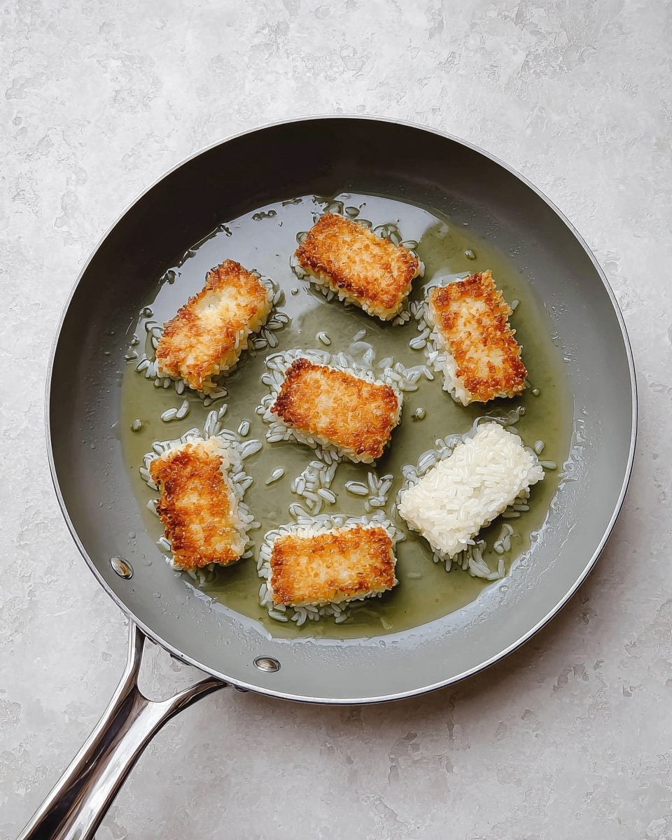 A gray frying pan with a shiny silver handle shows nine small rectangles of rice cooking in clear oil; seven of these rice pieces are golden brown and crispy on top, while two remain white and soft, placed near the bottom. The pan sits on a white marbled textured surface, and the oil creates a gentle shine around each rice piece. Photo taken with an iphone --ar 4:5 --v 7
