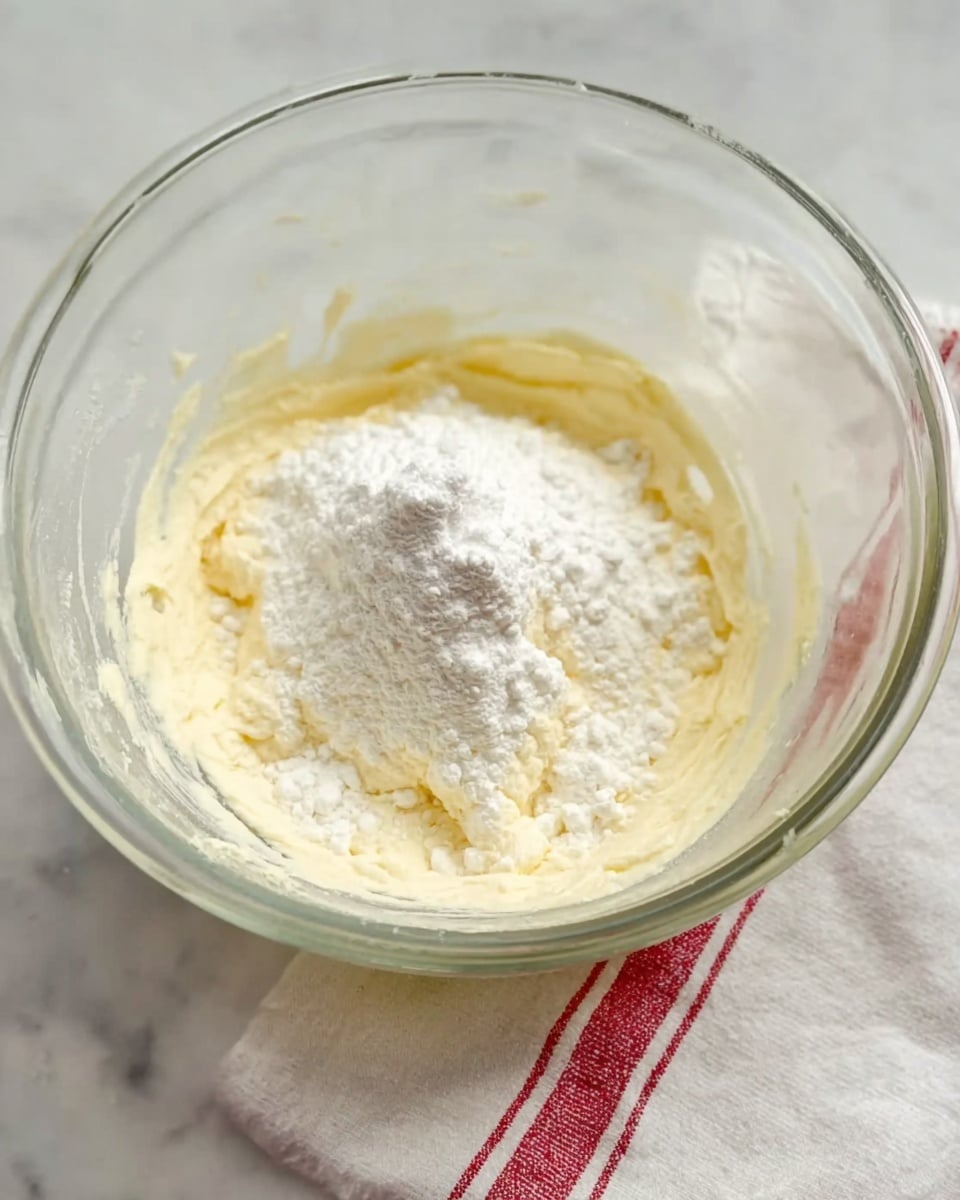 A clear glass bowl holds a creamy light yellow mixture with a white powder piled on top, ready to be mixed in. The bowl is placed on a white marbled surface, and below it, part of a white cloth with thin red stripes is visible. The mixture has a soft, smooth texture with some small lumps inside. Photo taken with an iphone --ar 4:5 --v 7