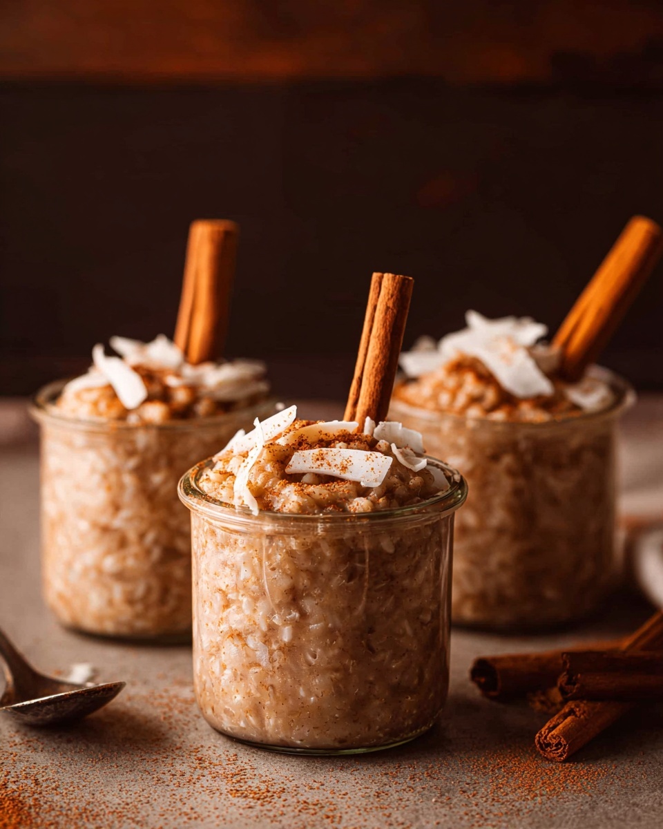 Three small clear glass jars are filled with a thick, creamy brown rice pudding that shows the texture of soft rice grains. Each jar is topped with a light sprinkle of cinnamon powder and small shreds of white coconut or similar garnish. A whole cinnamon stick stands vertically in each jar, slightly leaning to one side. The jars sit on a warm brown textured surface with a blurred dark background, showing a rustic and cozy setting. Photo taken with an iphone --ar 4:5 --v 7