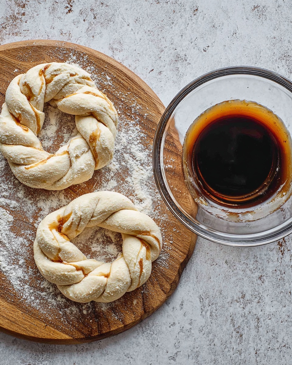 The image shows two braided dough rings placed on a wooden board dusted with white flour, with the dough appearing soft and pale beige with some flour on top. Next to the board is a clear glass bowl filled with dark brown liquid, and within the liquid is a partially cooked dough ring that has a light golden brown color with some darker browned edges. The surface beneath both the board and bowl is a white marbled texture. Photo taken with an iphone --ar 4:5 --v 7