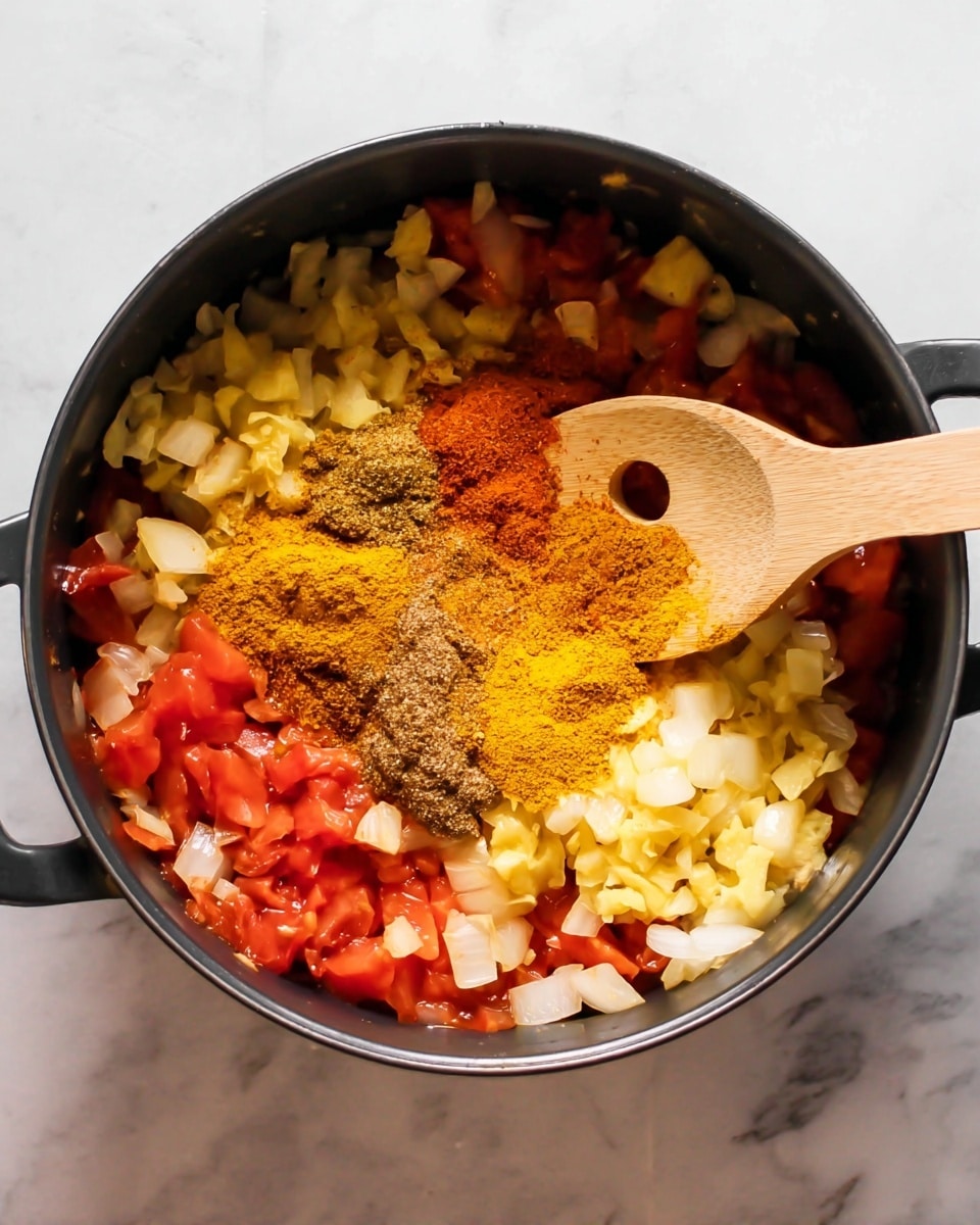 In the image, there is a black pot filled with a mix of chopped vegetables and spices. The bottom layer consists of chunky white onion pieces and red tomato chunks scattered evenly. On top of this, there is a layer of finer diced pale yellow vegetables. In the center of the pot, several mounds of ground spices in yellow, brown, and reddish-brown colors are placed, slightly covering the vegetables underneath. A light wooden spoon with a hole in the middle is resting inside the pot, partly mixing the contents. The pot is on a white marbled surface. photo taken with an iphone --ar 4:5 --v 7