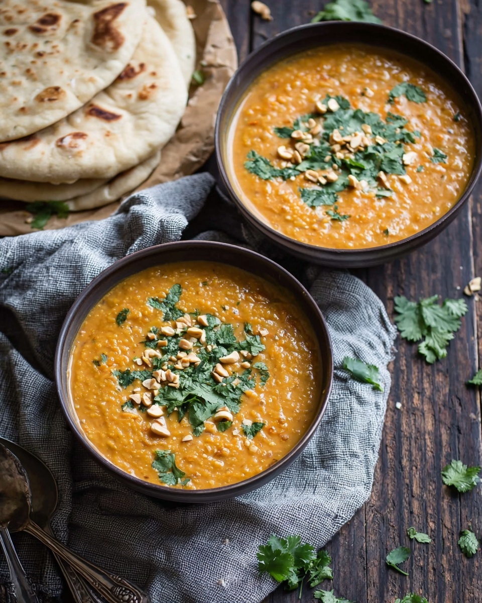 Two bowls of creamy orange dal are shown on a dark wooden table, each bowl topped with chopped green cilantro leaves and small pieces of light tan nuts, adding texture on the smooth surface. Next to the bowls, on a white marbled surface covered partly with a gray cloth, there are round, soft-looking naan breads with light brown spots on the surface. The bowls are dark-colored and round, filled close to the edge with the thick dal. Some loose dal and cilantro leaves are scattered around the bowls, and antique-style silver spoons rest nearby. The photo taken with an iphone --ar 4:5 --v 7