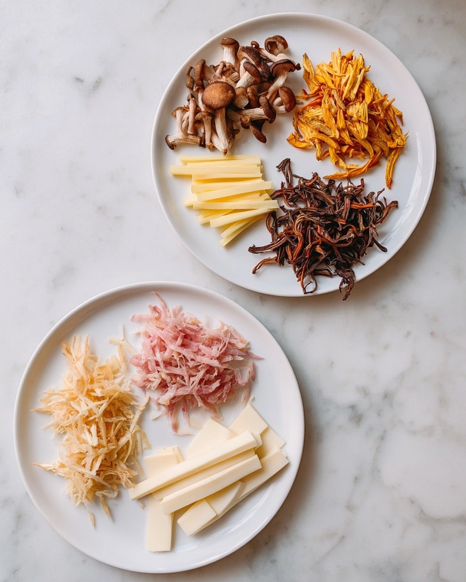 Two white plates sit on a white marbled surface. The plate at the top holds four groups of sliced ingredients arranged clockwise: brown, thinly sliced mushrooms at the top left, orange-brown thin strips at the top right, dark brown, curly thin slices at the bottom right, and pale yellow, thin, stick-like slices at the bottom left. The plate below features three groups: pale pink shredded pieces in the middle top, pale beige thin strips to the bottom left, and white rectangular sliced blocks to the bottom right. The colors vary from light beige to dark brown with varied textures of smooth, thin, and curly. Photo taken with an iphone --ar 4:5 --v 7