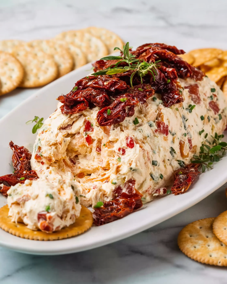 The dish shows a white oval plate with a large mound of creamy cheese mixed with small pieces of red and green vegetables. On top, there is a thick layer of dark red sun-dried tomatoes and a few green herb sprigs for garnish. To the right, there is a small scoop of the cheese mixture placed on round crackers. In the background, round white flatbreads and small breadsticks rest on the white marbled surface. The cheese looks soft with a smooth texture and the overall image is bright and inviting. photo taken with an iphone --ar 4:5 --v 7