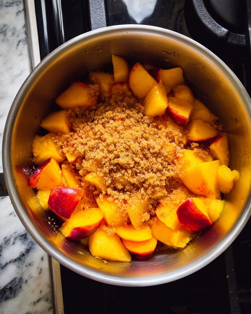 Inside a silver pot, there is a layer of bright orange and yellow peach pieces with some red spots showing the skin. On top of the fruit, there is a layer of light brown sugar mixed with cinnamon, creating a crumbly texture. The pot is on a black stove with white marbled countertop next to it. photo taken with an iphone --ar 4:5 --v 7