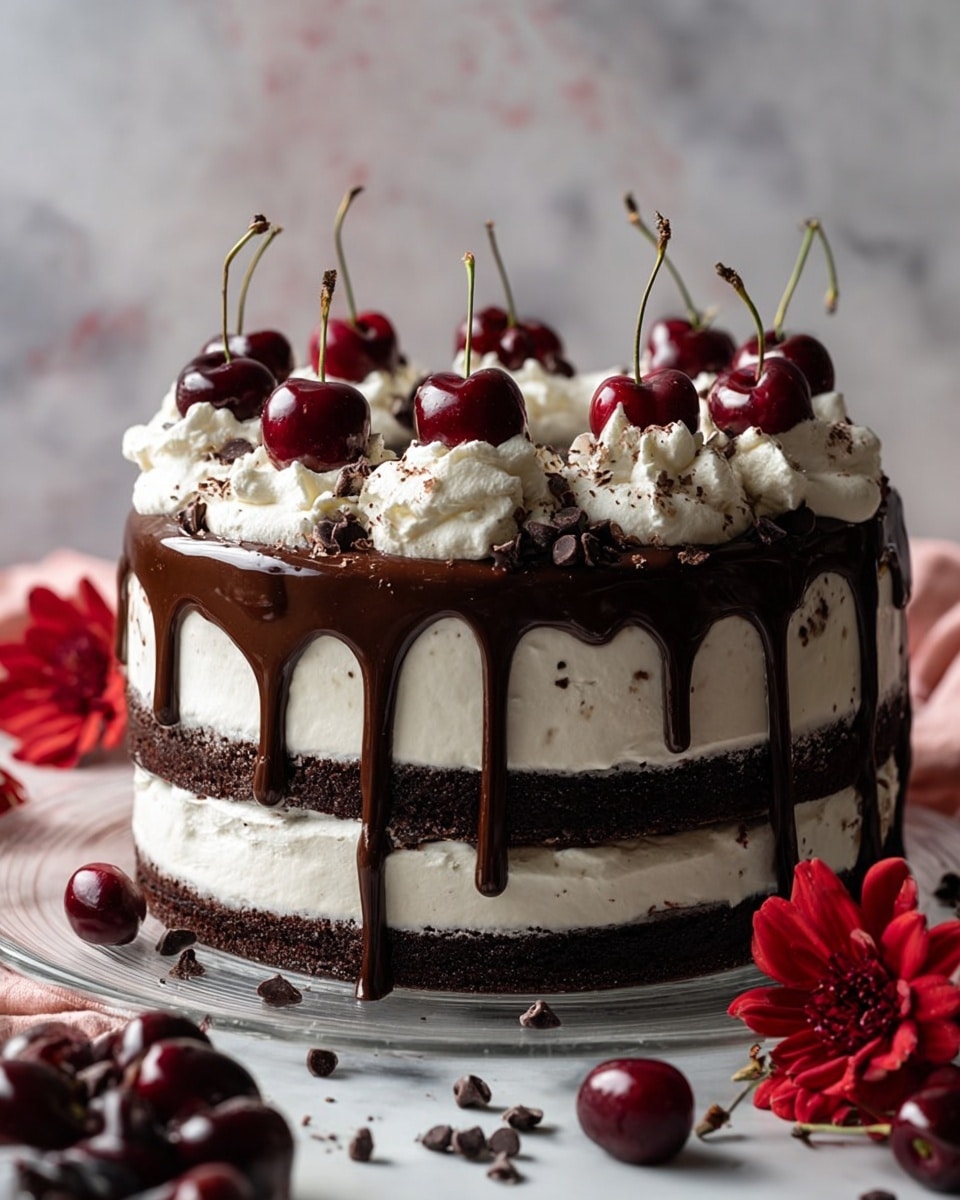 A three-layer cake with white cream frosting between dark chocolate cake layers, covered with a smooth layer of white cream on the outside showing a slightly textured side. The top is dripping with thick dark chocolate glaze that runs down the sides. There are even dollops of white whipped cream spread around the top edge, each topped with a shiny dark red cherry with a stem, and small dark chocolate chips scattered around the whipped cream. The cake sits on a clear glass plate placed on a white marbled surface. Around the cake, there are loose dark cherries and red flowers. Photo taken with an iphone --ar 4:5 --v 7