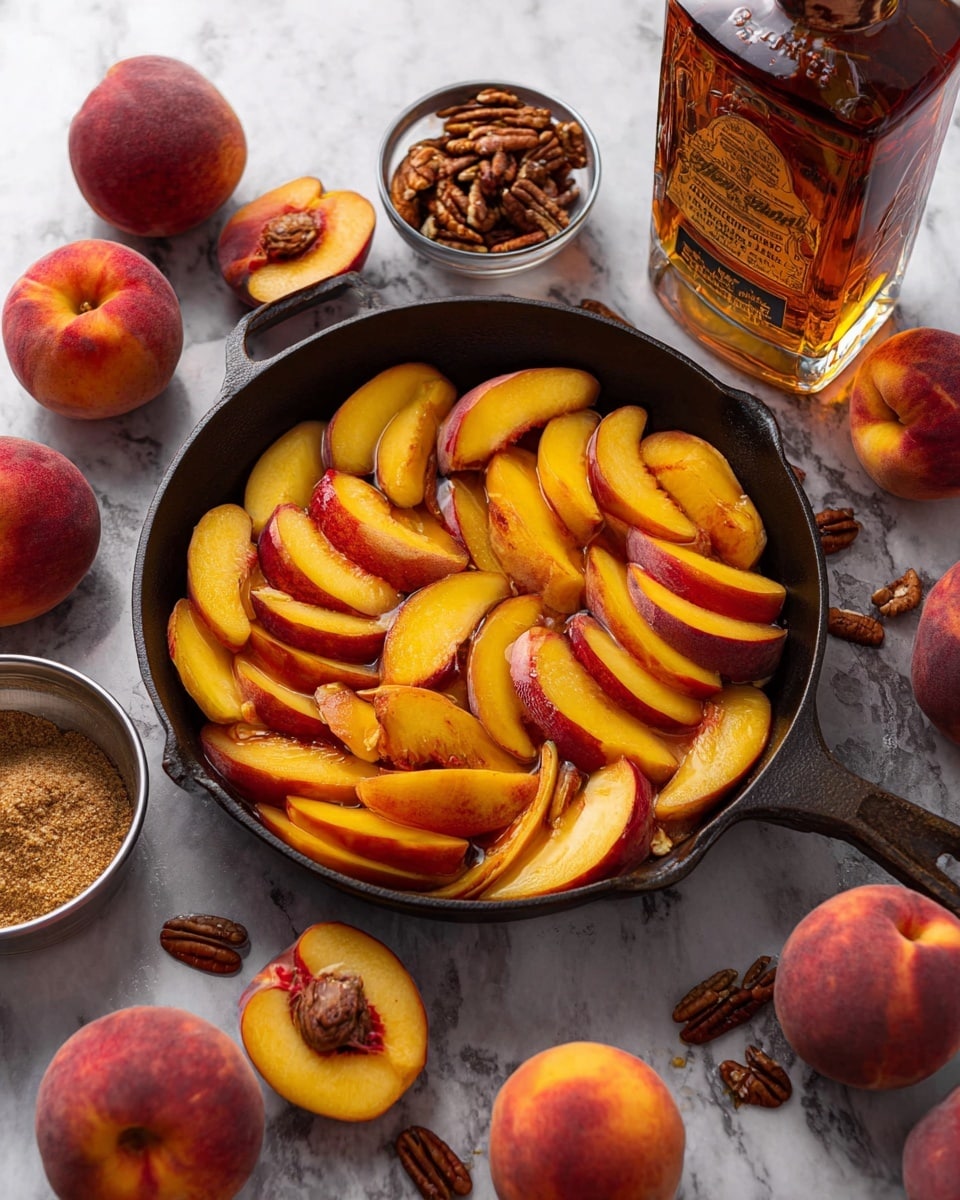 A black cast iron pan filled with multiple layers of sliced peaches arranged irregularly, showing yellow flesh with red-tinged skins. Around the pan are whole peaches with smooth red and yellow skins, scattered pecan halves, a small metal bowl of brown sugar, and a bottle of bourbon whiskey with an amber liquid and clear glass. The background is a white marbled texture. photo taken with an iphone --ar 4:5 --v 7