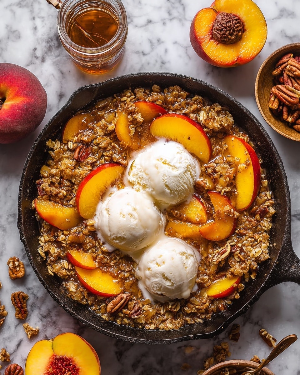 The image shows a dark cast iron pan filled with a peach dessert topped with three round scoops of melting white ice cream in the center. Around the ice cream, there are bright yellow-orange peach slices with a red blush, mixed with a crumbly, brown textured topping made of oats and pecans. The dessert looks warm, with a slightly glossy and soft texture from the cooked fruit and crunchy bits from the topping spread evenly across the pan. The pan is placed on a white marbled surface with a whole peach, a halved peach showing its seed, a small bowl of pecans, and a jar of brown liquid nearby. photo taken with an iphone --ar 4:5 --v 7