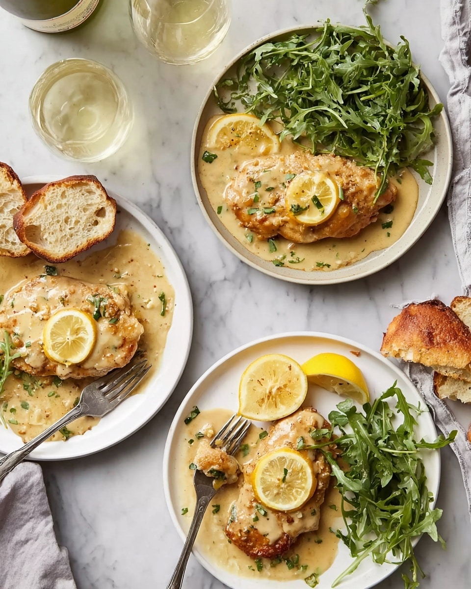 The image shows three white plates on a white marbled surface, each with one piece of chicken covered in a thick light yellow sauce with small herbs and two thin lemon slices on top. Two plates have a small pile of fresh green arugula on the side and a piece of crusty bread with a golden-brown crust. The third plate, which is larger, has two pieces of chicken also covered in sauce with lemon slices, without arugula or bread. A woman's hand holds a fork near one of the smaller plates. There are two glasses of light yellow drink and a bottle nearby. Photo taken with an iphone --ar 4:5 --v 7