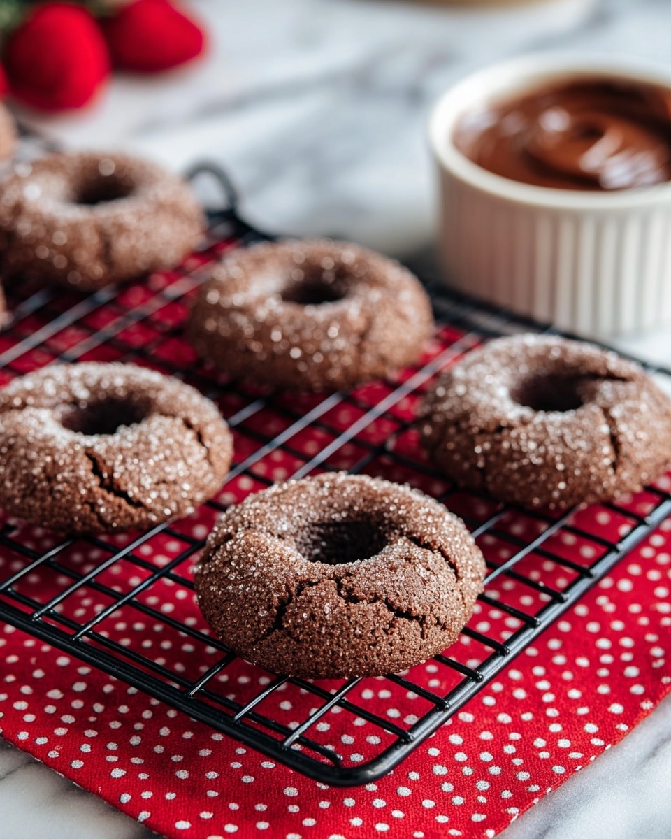 The image shows a black cooling rack with six round chocolate cookies with a cracked texture, each having a hollow center. The cookies are coated lightly with granulated sugar, giving them a slightly rough surface. The rack sits on a red cloth with white polka dots, placed on a white marbled surface. In the background, there is a white ramekin filled with smooth chocolate spread, slightly out of focus. The overall setting is bright with natural light highlighting the textures and colors. photo taken with an iphone --ar 4:5 --v 7