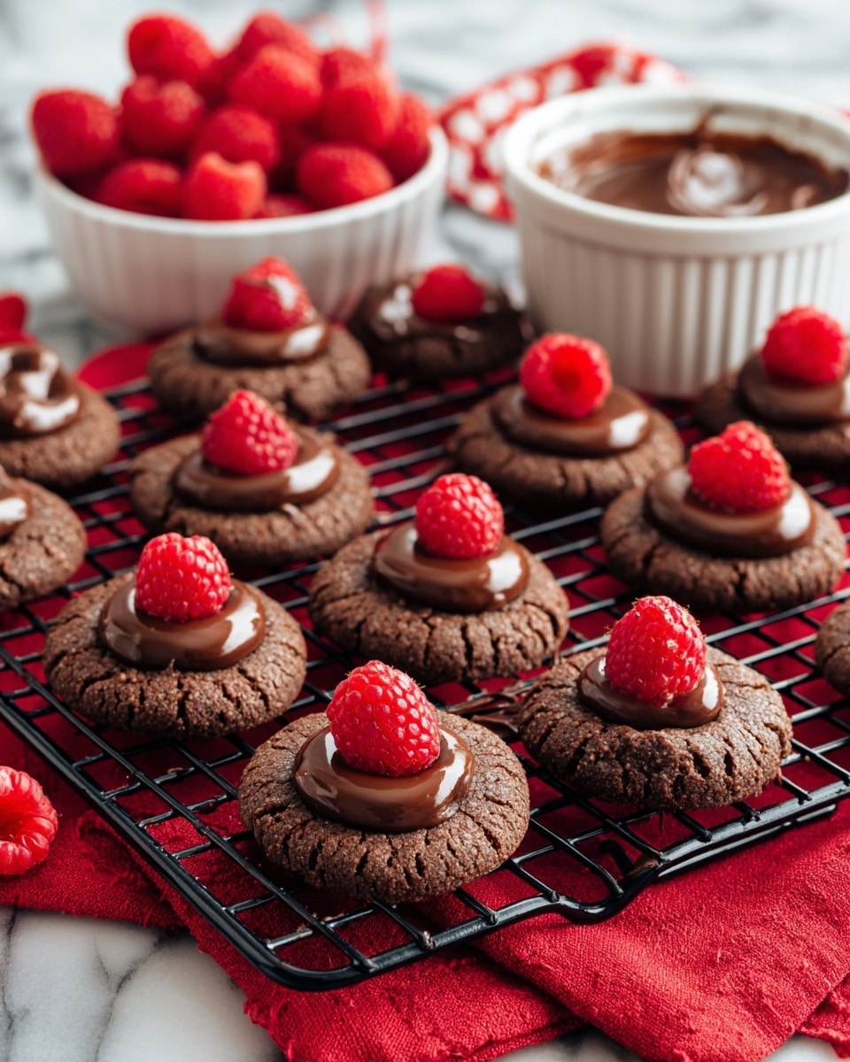 The image shows a black cooling rack filled with round chocolate cookies, each topped with a smooth layer of shiny chocolate spread. Some cookies have a bright red raspberry placed on top, while others only have the chocolate spread. In the background, there is a white ramekin filled with the same chocolate spread and a white bowl full of fresh raspberries. The cooling rack is placed on a red cloth with a white marbled surface underneath. Photo taken with an iphone --ar 4:5 --v 7