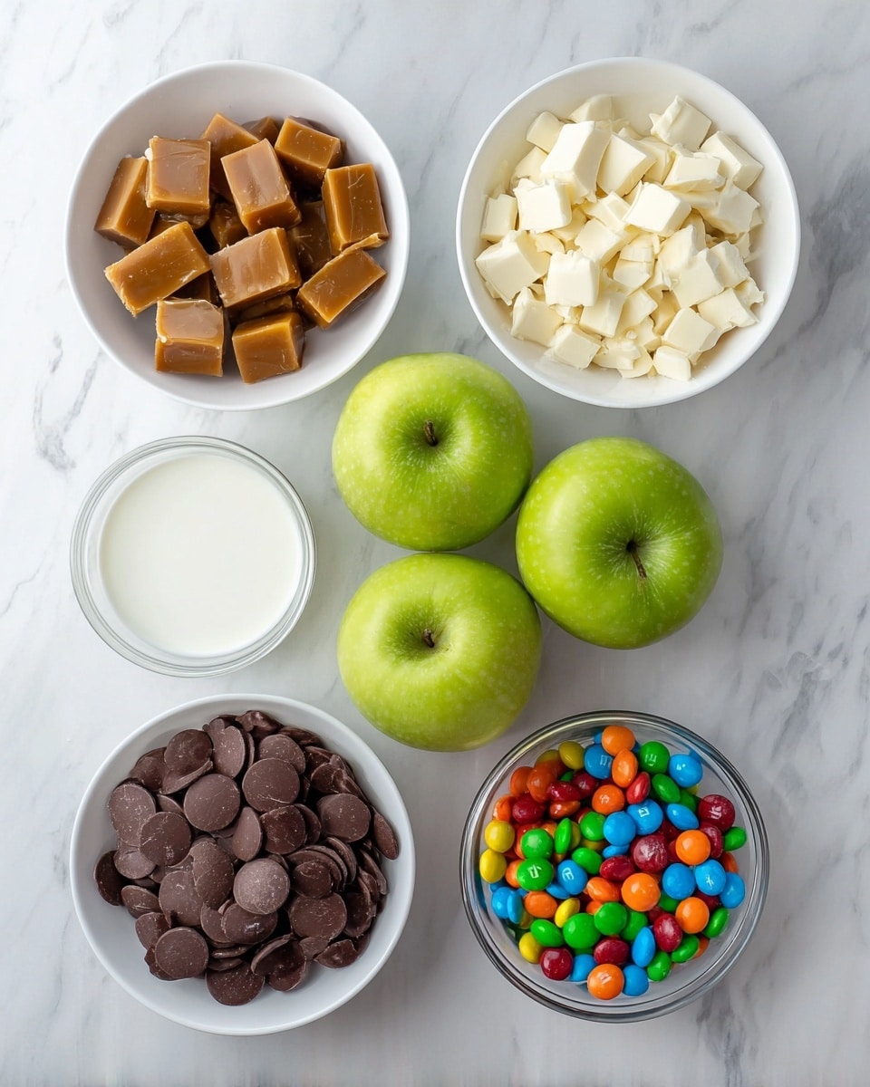 The image shows six groups of ingredients on a white marbled surface: on the top left, a white bowl filled with golden brown caramel squares; on the top right, a white bowl with uneven white chocolate chunks; in the middle, a small white bowl with white liquid; below that, three green apples placed side by side; on the bottom left, a white bowl filled with dark chocolate discs; and on the bottom right, a clear bowl holding colorful mini candy-coated chocolates in red, yellow, green, blue, orange, and brown. The setup is neat with each ingredient clearly visible, and the lighting is bright and natural, showing details and colors well photo taken with an iphone --ar 4:5 --v 7