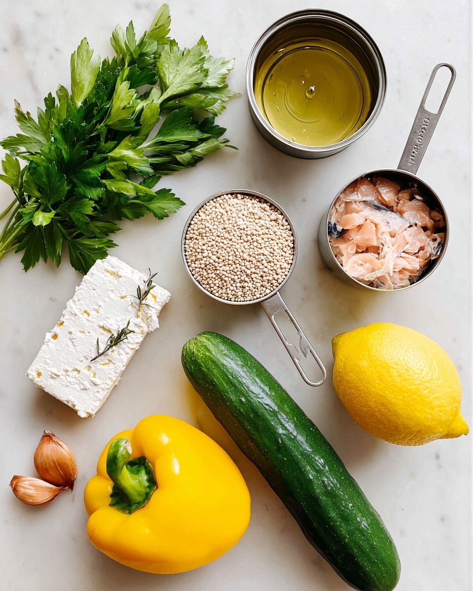 The image shows fresh ingredients neatly placed on a white marbled surface, starting with a bunch of green parsley leaves at the top left, next to a metal measuring cup filled with a clear golden liquid, and a bright yellow lemon to the right. Below, an opened tin can reveals light pink canned fish, and another metal measuring cup holds white quinoa grains. A long, dark green cucumber lies diagonally across the middle left, next to a bright yellow bell pepper with a green stem. At the bottom left, there is a block of white feta cheese with a small piece wrapped in parchment paper on top. To the right of the feta, a small brown shallot and a single clove of garlic complete the arrangement, all resting on the smooth white marbled background. Photo taken with an iphone --ar 4:5 --v 7
