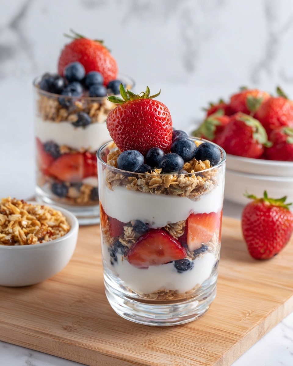 Two clear glass cups show a layered parfait with five layers. At the bottom are bright red sliced strawberries sitting on a white creamy yogurt layer. Above that is a rough textured layer of light brown granola mixed with some blueberries. Next comes another smooth white yogurt layer with visible blueberry parts. On top of this is fresh whole blueberries mixed with granola bits. Each parfait is finished with one large red strawberry garnishing the rim. The cups are placed on a light wooden surface with a white marbled textured background. Nearby are a white bowl with more granola and a white plate holding fresh strawberries. photo taken with an iphone --ar 4:5 --v 7