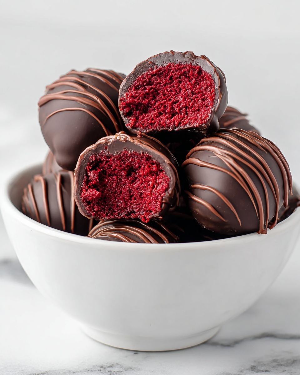 A white bowl filled with round chocolate-covered cake balls, each coated in smooth dark chocolate with thin chocolate drizzle lines on top. Two of the cake balls are cut in half and placed on top, showing a deep red inner cake layer with a moist texture, surrounded by the thick dark chocolate coating. The bowl sits on a white marbled surface with a clean, bright background. photo taken with an iphone --ar 4:5 --v 7